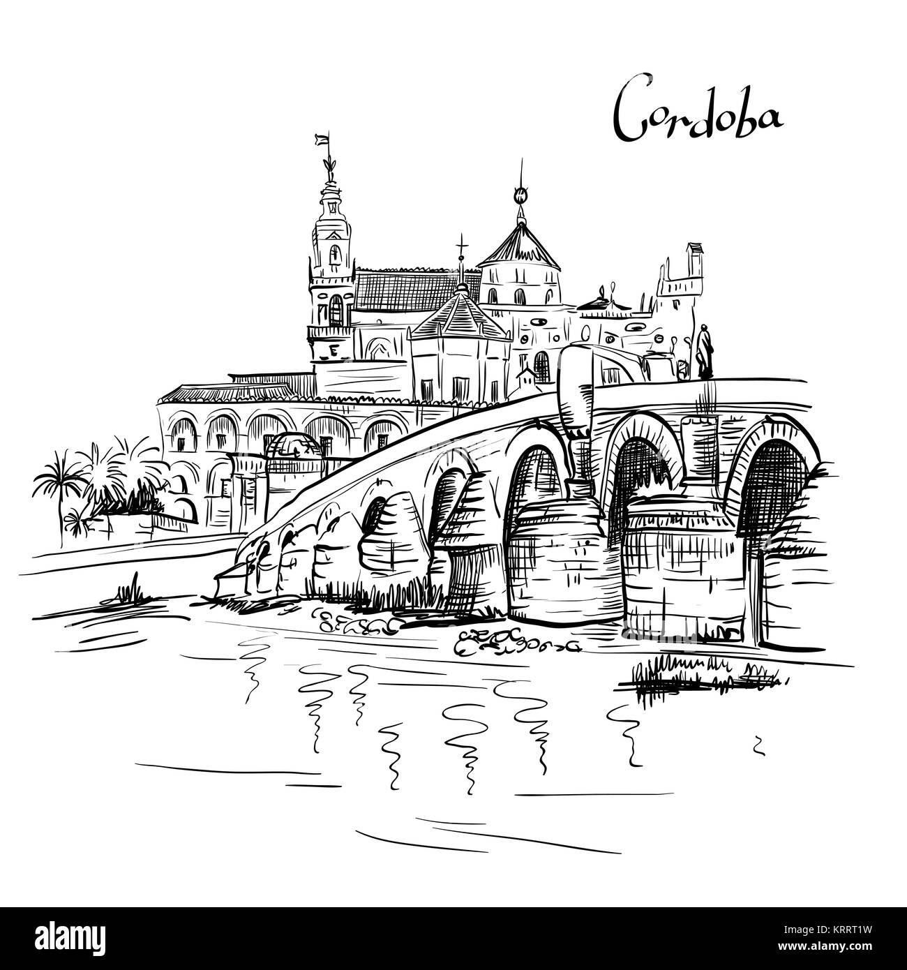 Vektor Mezquita und römischen Brücke in Cordoba, Spanien Stockfoto