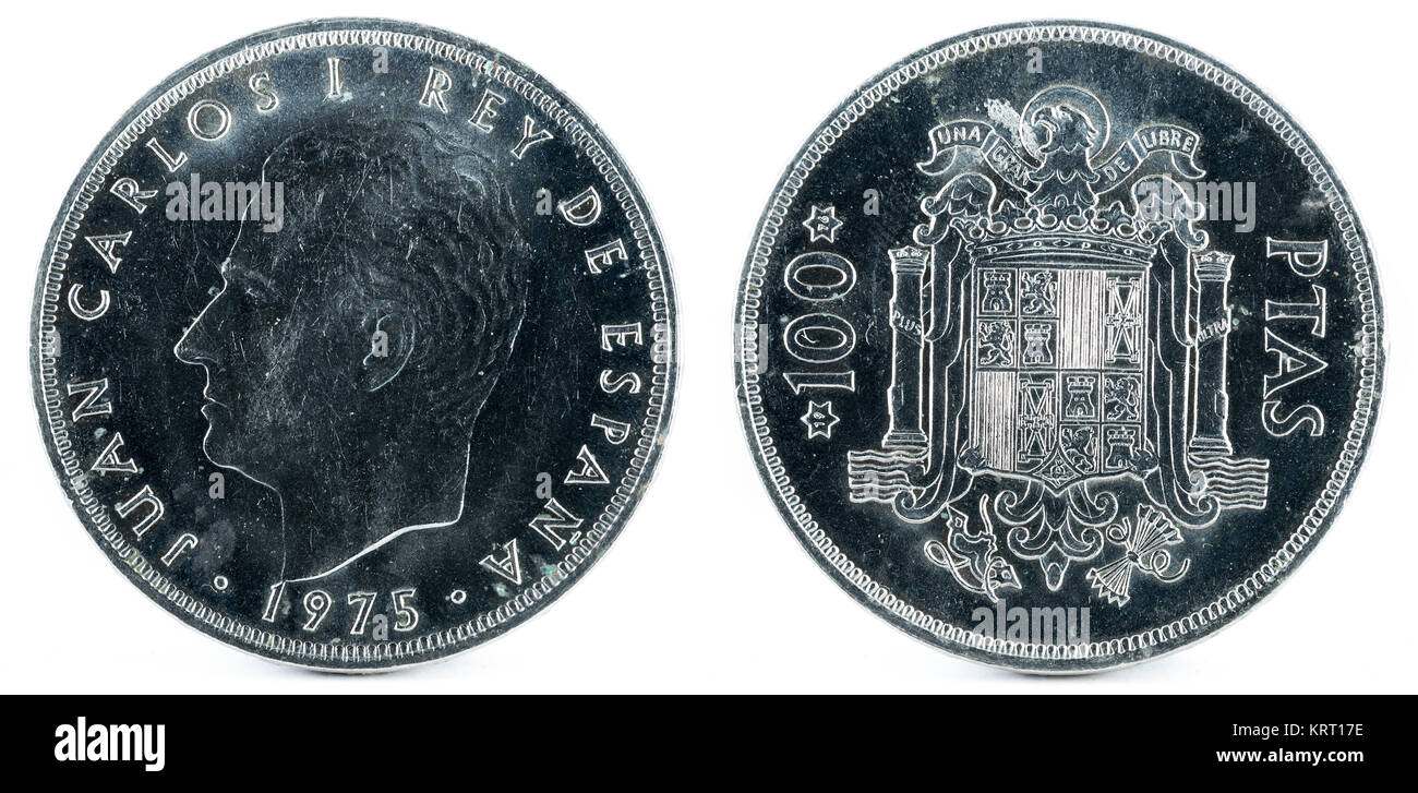 Alte spanische Münze von 100 Peseten, Juan Carlos I. prägte in Nickel. Jahr 1975, 1976 in den Sternen. Stockfoto