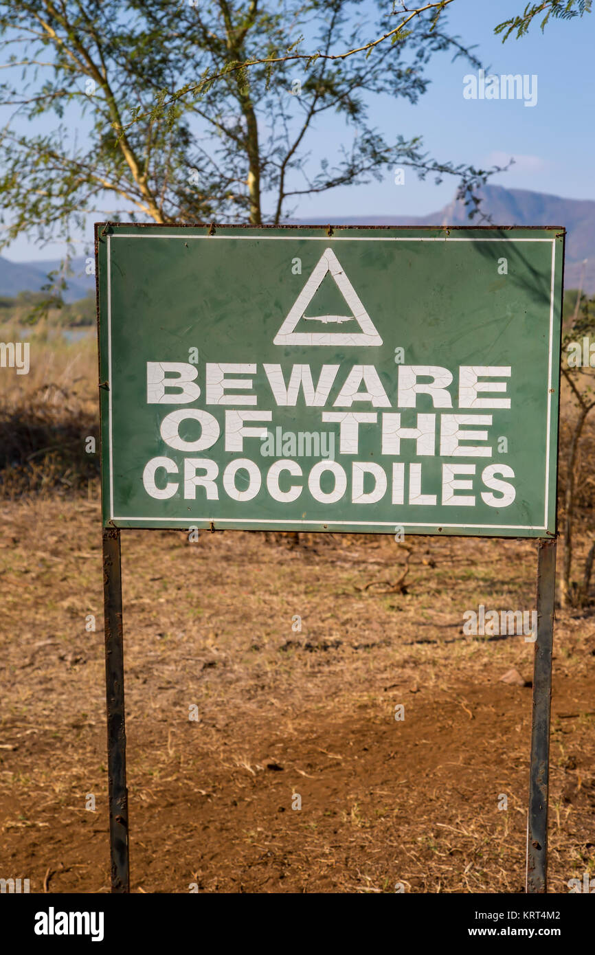 Vorsicht vor den Krokodilen anmelden Mkuze, Südafrika Stockfoto