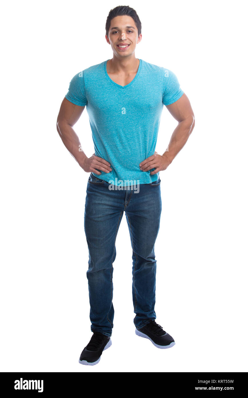 Junger Mann jung stehen Ganzkörper lachen Jugendlicher Muskeln muskulös Freisteller freigestellt auf weissem Hintergrund Stockfoto