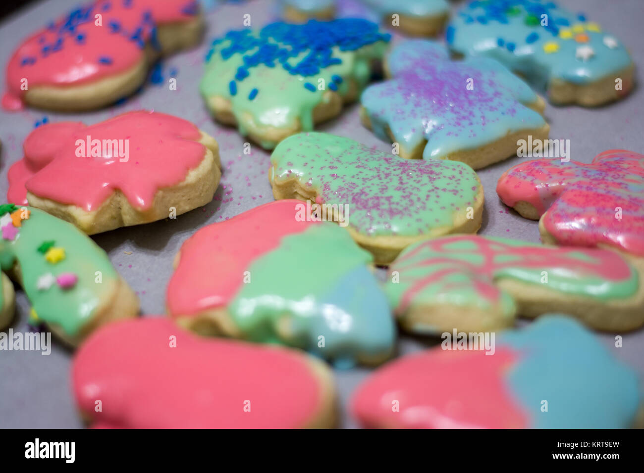 Weihnachtsplätzchen layed Out auf Tisch. Stockfoto