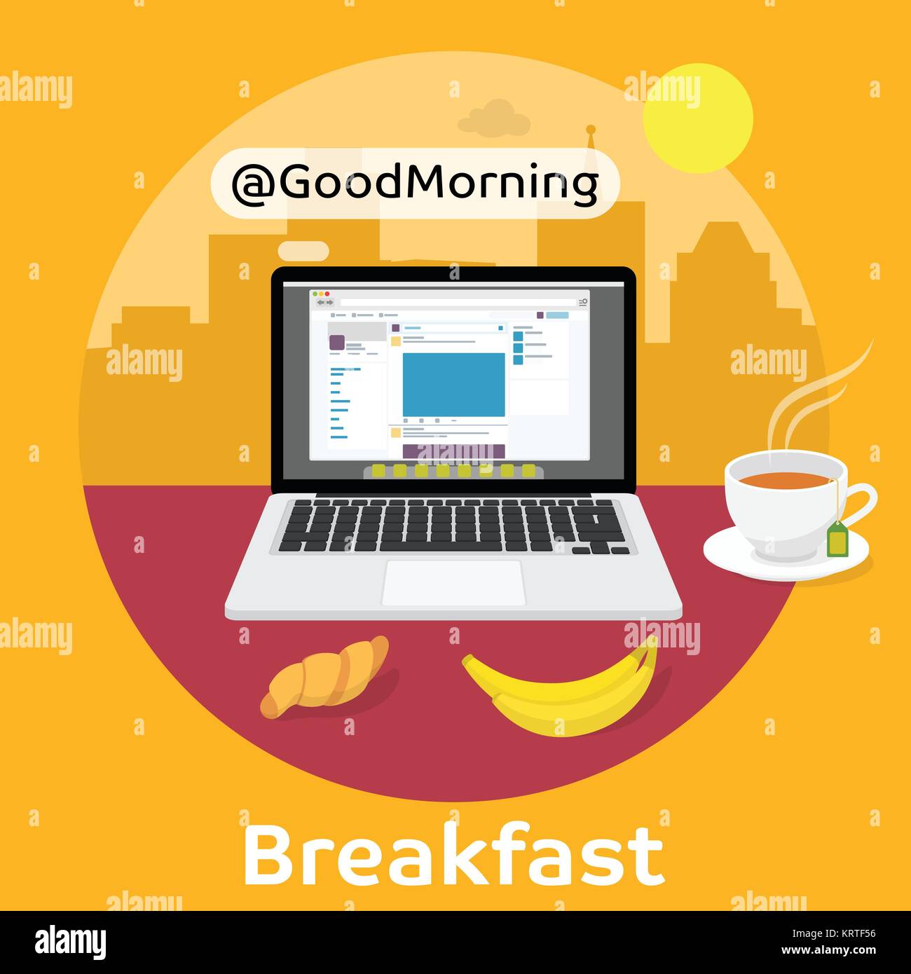 Lesen der Morgen Nachrichten von einem Laptop Bildschirm. Moderne Frühstück mit Kaffee, Croissants und Obst. Vector Illustration auf dem Hintergrund der Megalopolis Stock Vektor