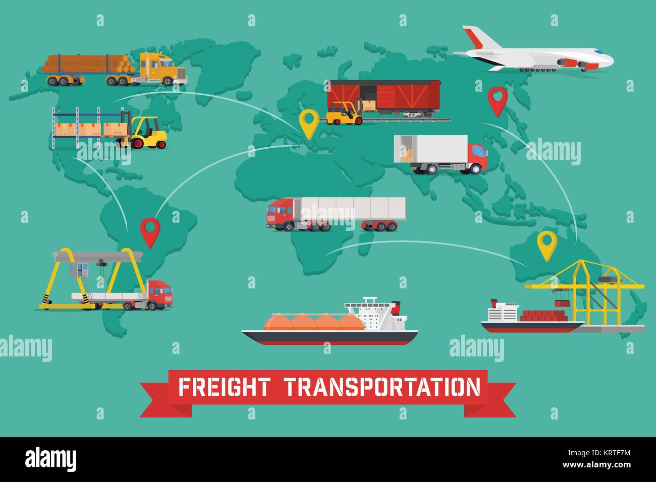 Vektor Infografik von weltweitem Versand, starker Verkehr, Lieferung und Logistik in Industrie und Wirtschaft mit Lager, Lkw, Flugzeug, Eisenbahn Stock Vektor