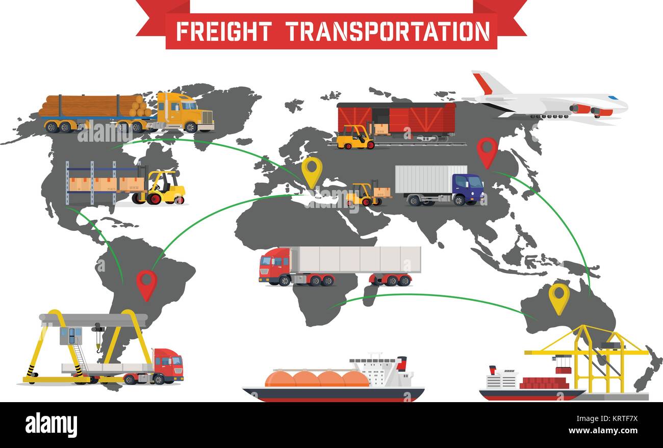 Vektor Infografik von weltweitem Versand, starker Verkehr, Lieferung und Logistik in Industrie und Wirtschaft mit Lager, Lkw, Flugzeug, Eisenbahn Stock Vektor