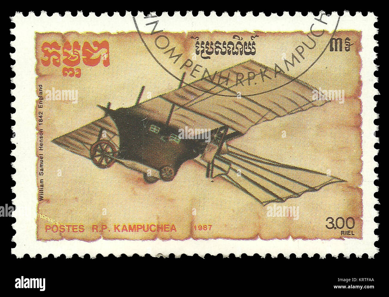 Kambodscha - Stempel 1987, Color Edition auf Thema Luftfahrt, zeigt Flugzeug Modell 'Antenne Dampf Beförderung' William Henson, 1842 Stockfoto