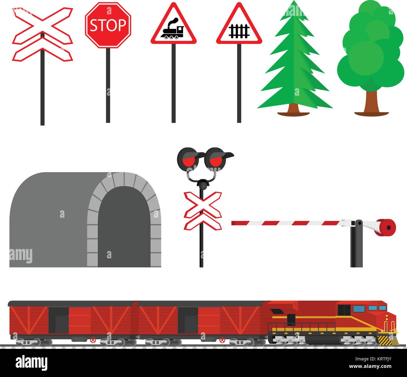 Bahnverkehr weg und Zug mit Waggons. Eisenbahn Zug Transport. Bahntechnik mit Zeichen, Barrieren, Alarme, Ampel. Flache Symbole Stock Vektor