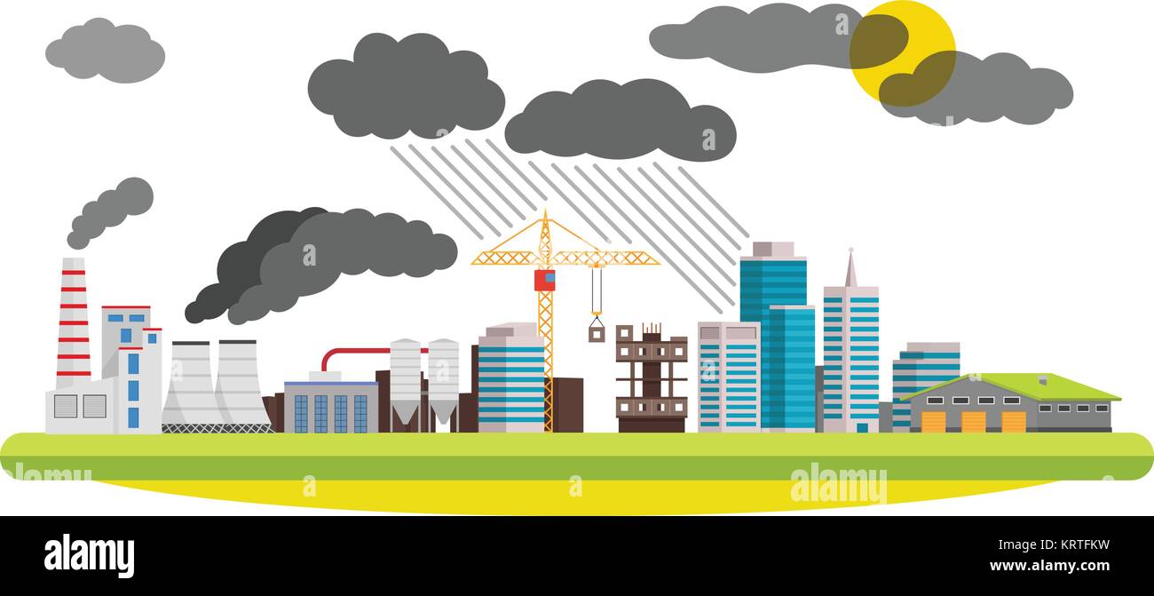 Flache Stadt- und Industrielandschaft. Umweltverschmutzung die Mühlen und Fabriken in der Stadt. Vector Illustration auf weißem Hintergrund. Stock Vektor
