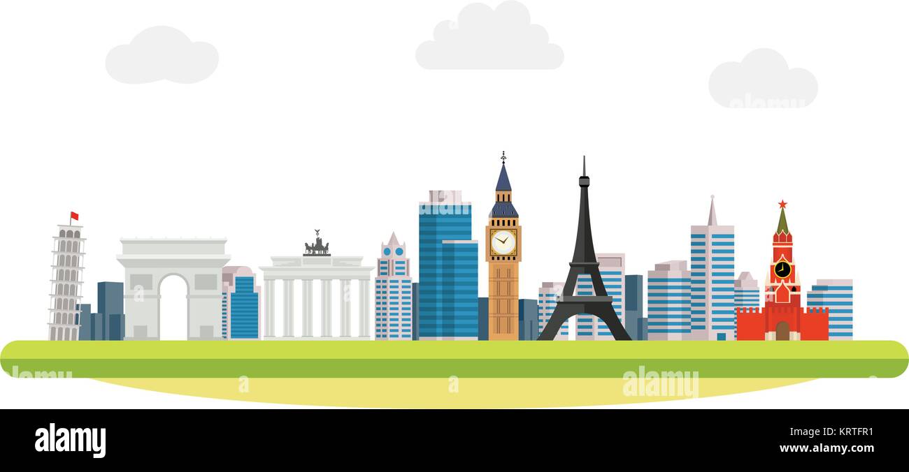 Banner zum Thema Reise um die Welt. Welt Orte im Hintergrund der modernen Stadt. Pisa, Eiffelturm, Brandenburger Tor, Triumph Stock Vektor