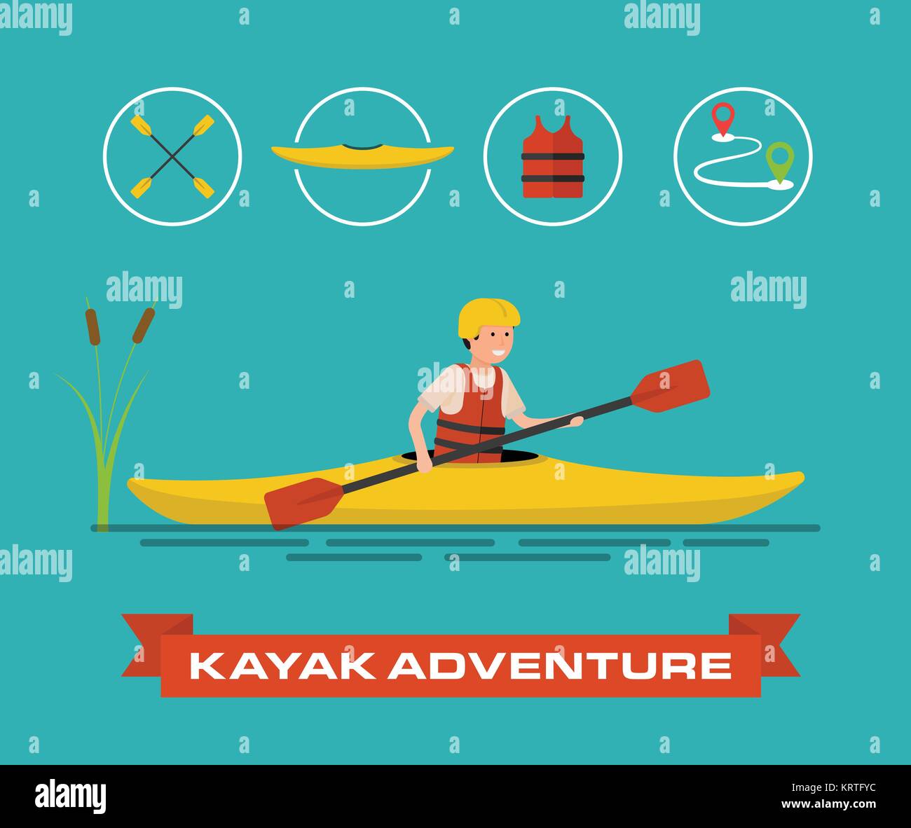 Vector Illustration einer Cartoon kayaker. Der Mann treibt das Kajak. Plus  einige Symbole - Tretboot, Weste und Route Stock-Vektorgrafik - Alamy