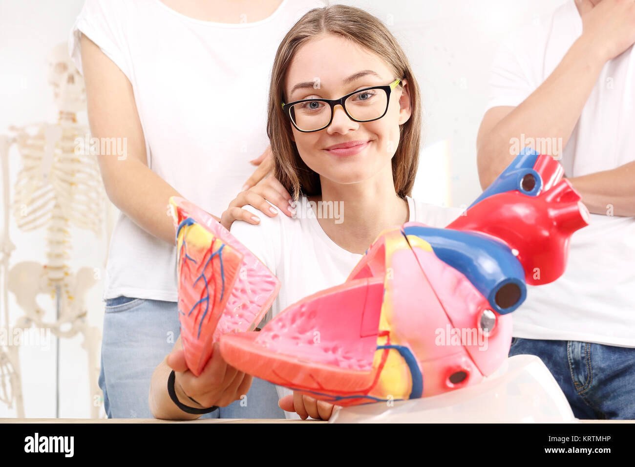 Schulmädchen auf Biologie Unterricht beobachten Modell des menschlichen Herzens Stockfoto