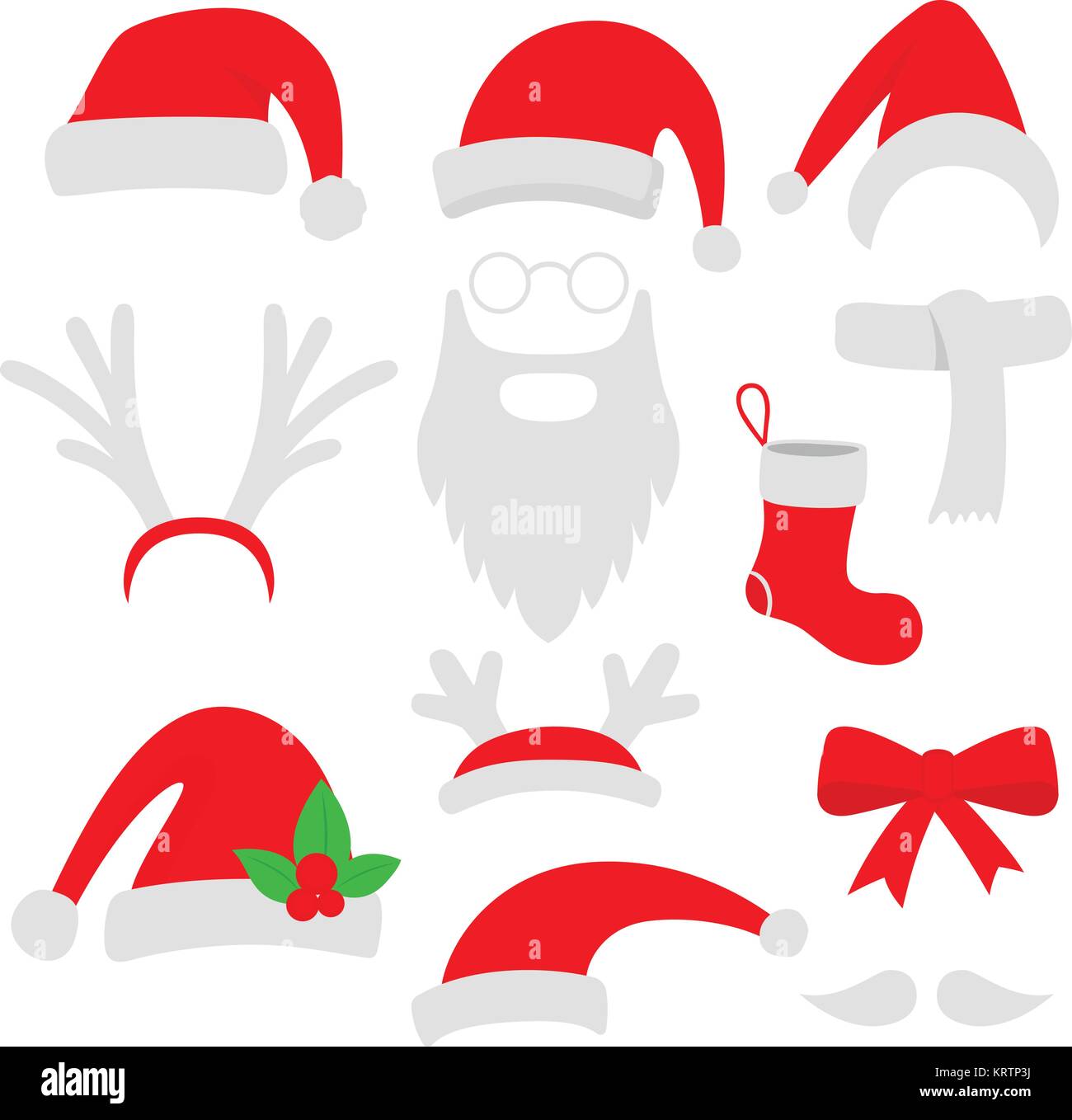 Drei rote Nikolausmützen, Hörner, Schnurrbart, Bart und Weihnachtsstrumpf. Vector Illustration. Stock Vektor