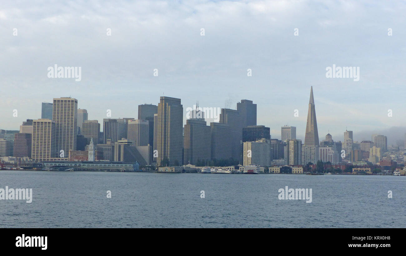 Der Hafen und das Finanzviertel von San Francisco vom Wasser aus, Wolkenkratzer und Transamerika Pyramide, bewölkter Himmel, dem Hafen und dem Finanzviertel von San Francisco aus dem Wasser, Wolkenkratzer und transamerican Pyramide, bewölkter Himmel, Stockfoto