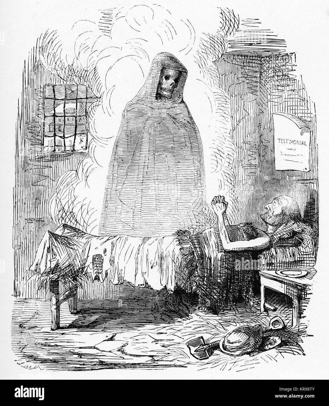 Der Tod ist im Bild als Freund des armen Mannes in diese Gravur von