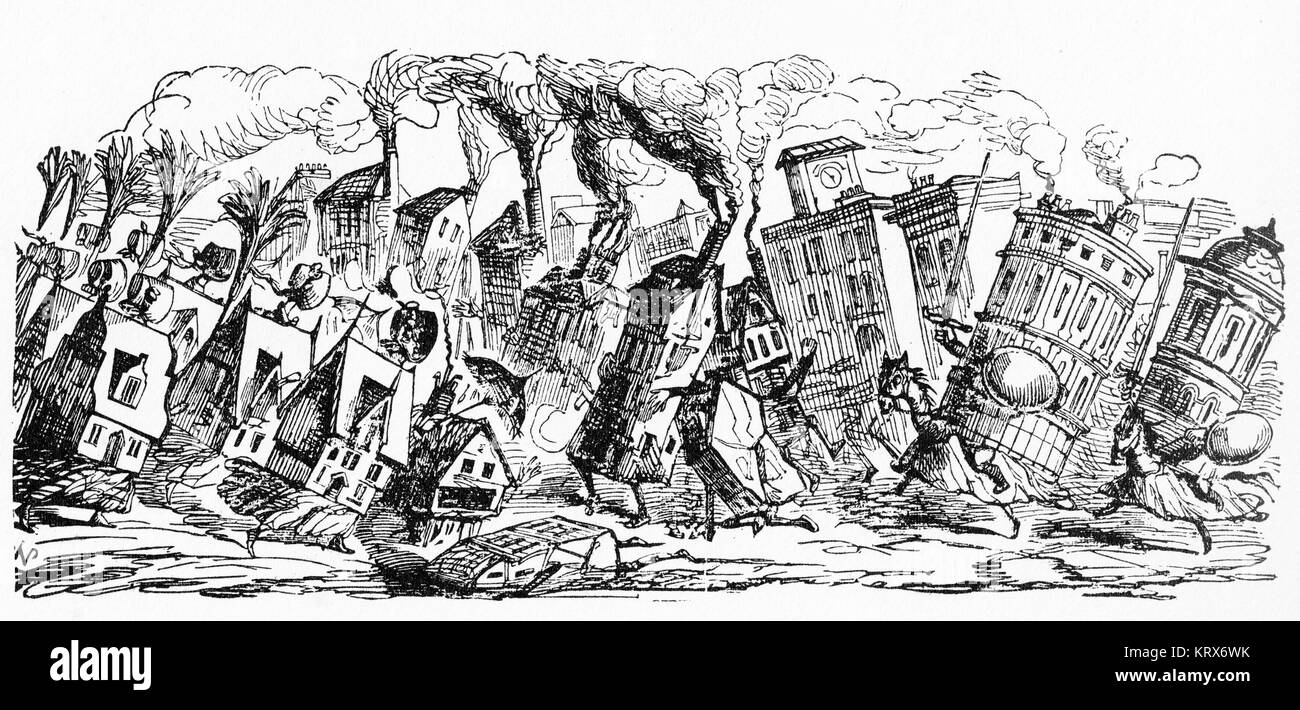 Ein Kupferstich von Punch magazine Stossen Spaß am Londoner Mangel an Stadtplanung als Wohn-, Geschäfts- und Gewerbebauten Kampf um die Vorherrschaft Stockfoto