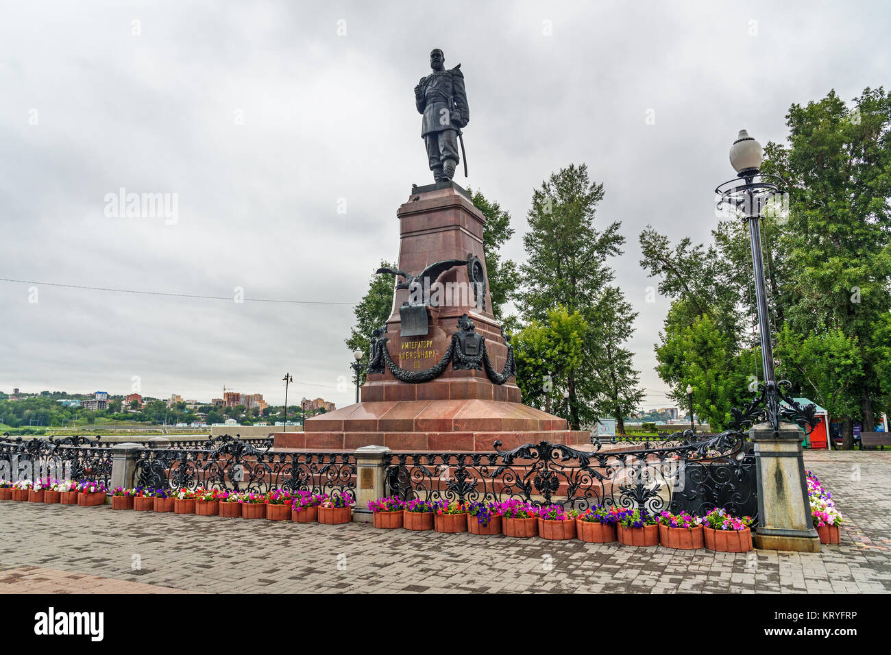 Irkutsk, Russland - 14.August 2017: das Denkmal von Kaiser Alexander III. Auf der oberen Promenade Stockfoto