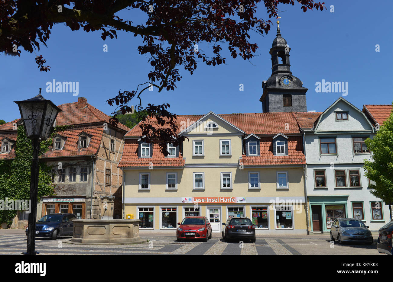 Marktplatz, Badewanne leuchtendes Schloss, Thüringen, Deutschland/Thüringen, Marktplatz, Bad Blankenburg, Thüringen, Deutschland/Thüringen Stockfoto