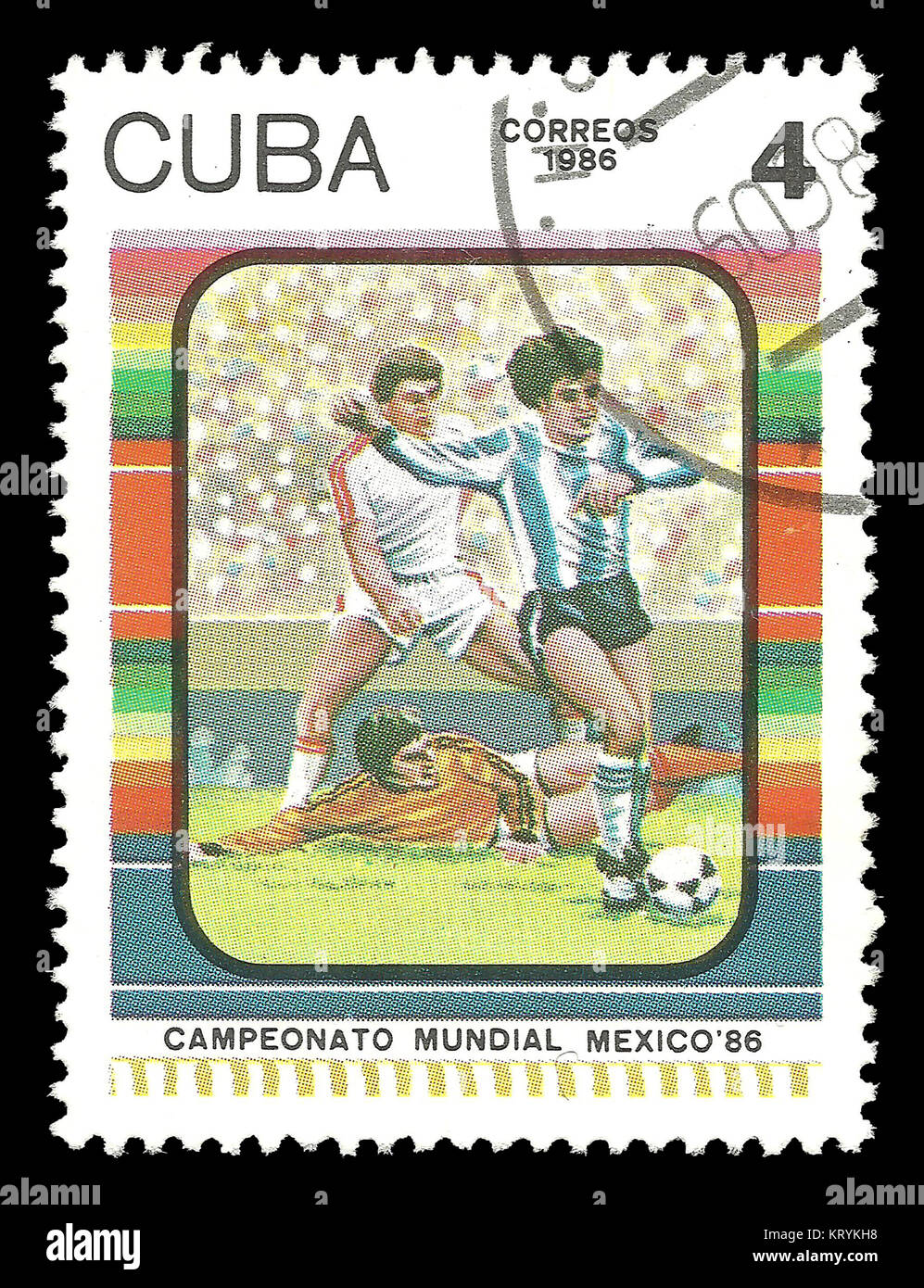 Kuba - ca. 1986: Stempel gedruckt von Kuba, Color Edition auf Thema Fußball-Weltmeisterschaft 1986 in Mexiko, zeigt Spiel Stockfoto