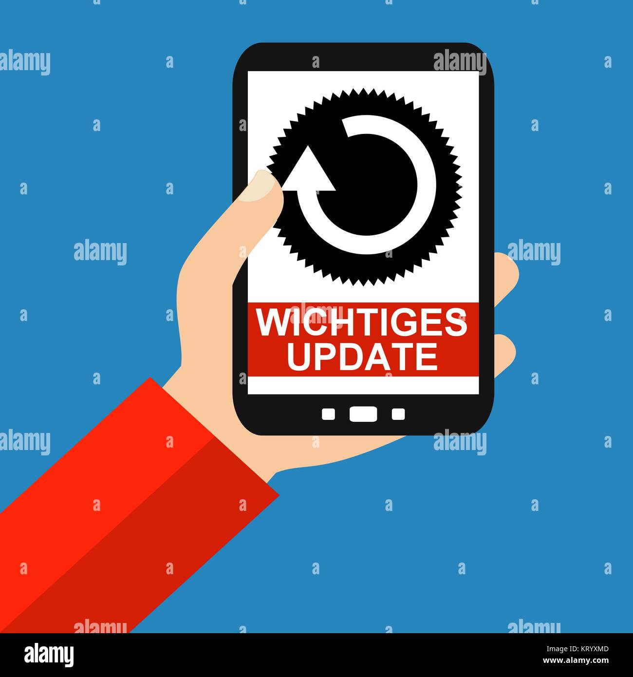 Hand mit Smartphone: Wichtiges Update - Flaches Design Stockfoto