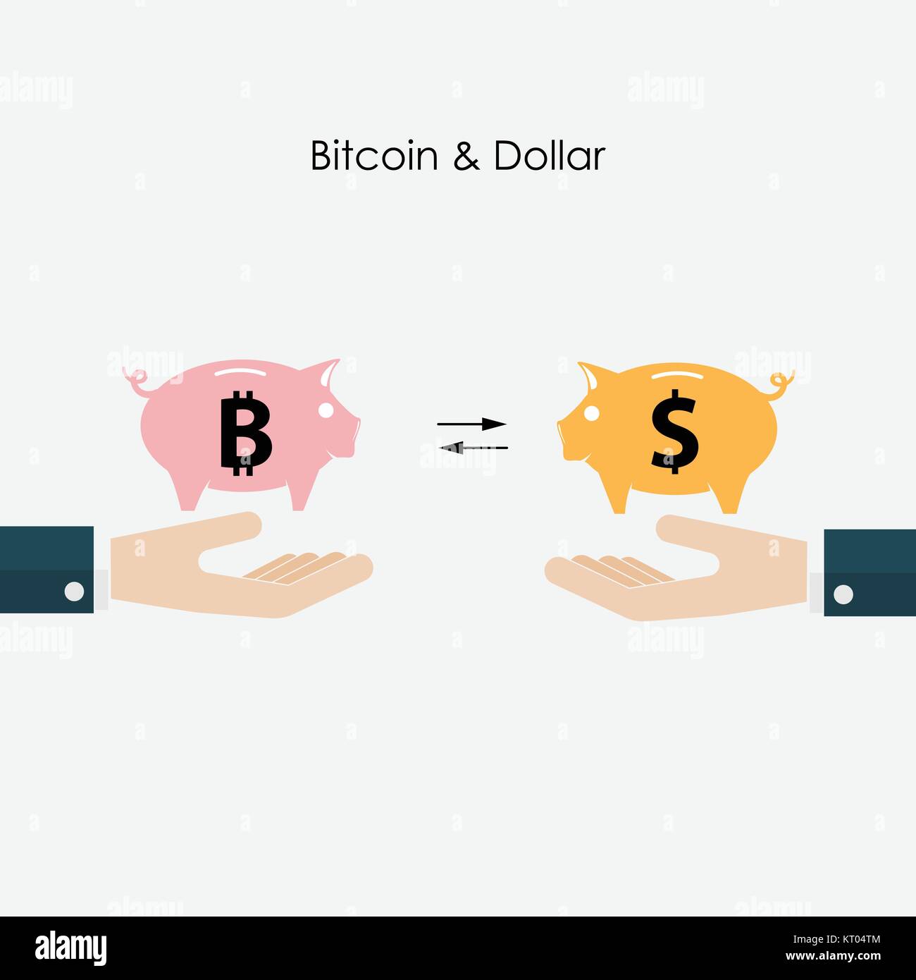 Geschäftsmann und piggy Symbol. Dollar und Bitcoins exchange Konzept. Digitale virtuelle Elektronische Münzen bitcoins Konzept. Kapitalinvestitionen unterzeichnen. Bitco Stock Vektor