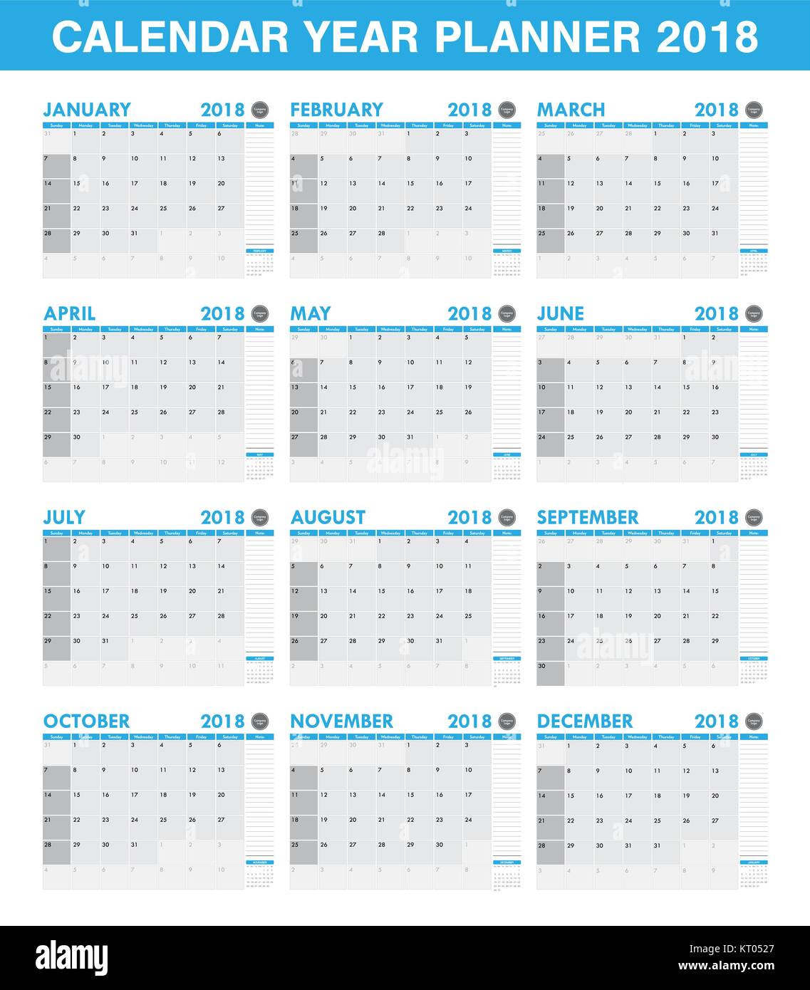 Einfache 2018 Jahresübersicht Kalender alle Monat Stock-Vektorgrafik - Alamy