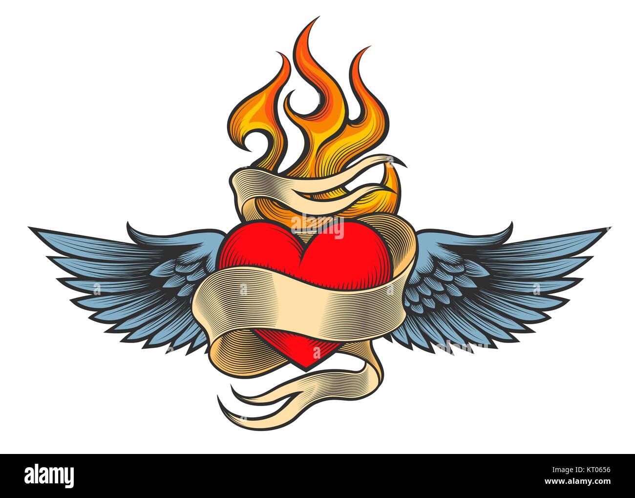 Flammende Herz mit Flügeln und Farbband im retro Tattoo Stil gezeichnet. Vector Illustration. Stock Vektor