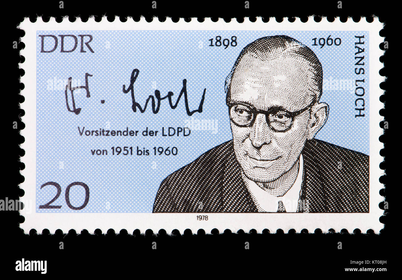Ddr (DDR) Briefmarke (1978): Hans Loch (1898-1960) Vorsitzender der Liberalen Demokratischen Partei Deutschlands 1951-1960 und Finanzminister.... Stockfoto