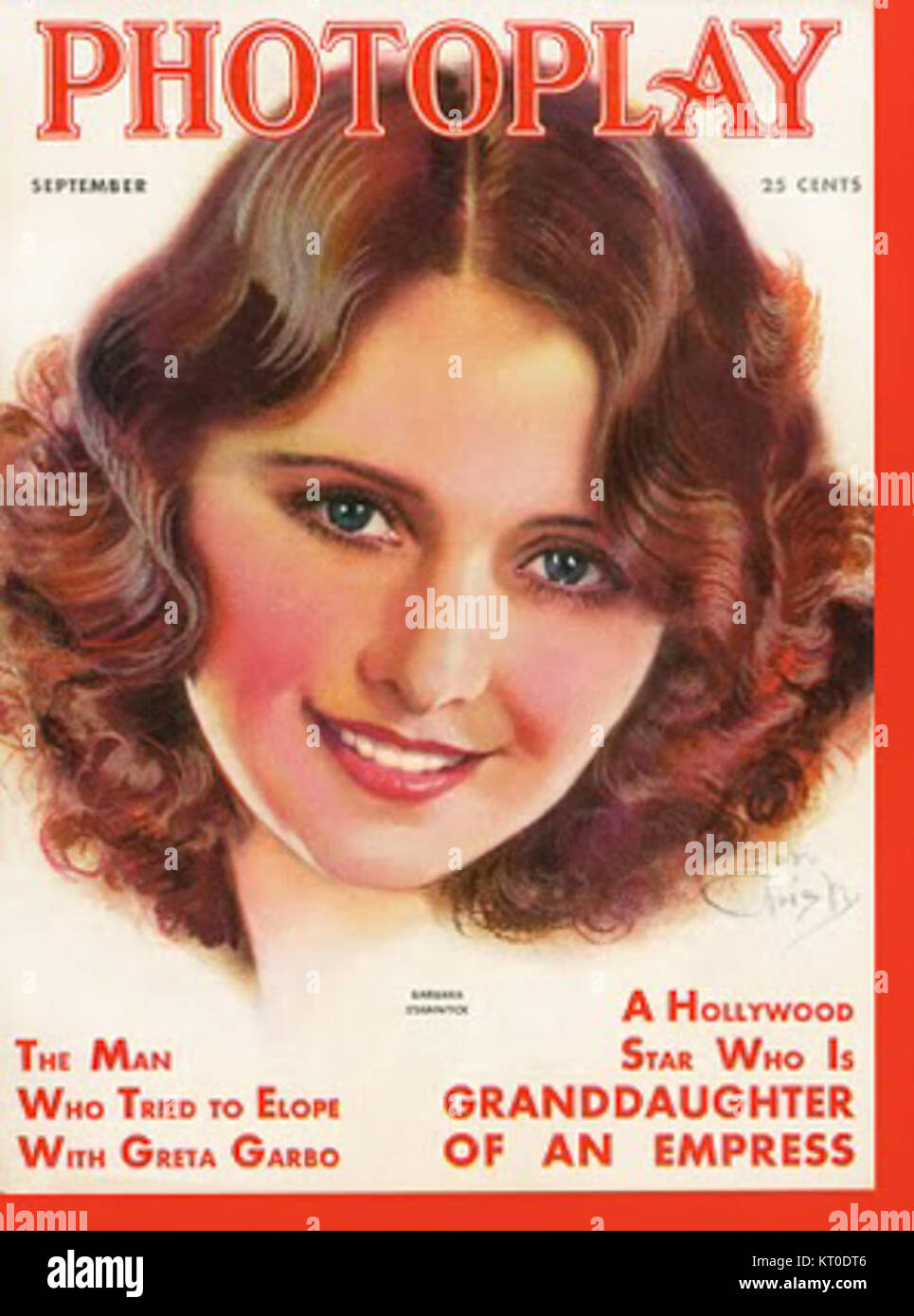 Ein Porträt von Barbara Stanwyck aus *Photoplay*, das die berühmte Hollywood-Schauspielerin hervorhebt, die für ihre vielseitigen Rollen in Film Noir und klassischem Kino bekannt ist. Stockfoto