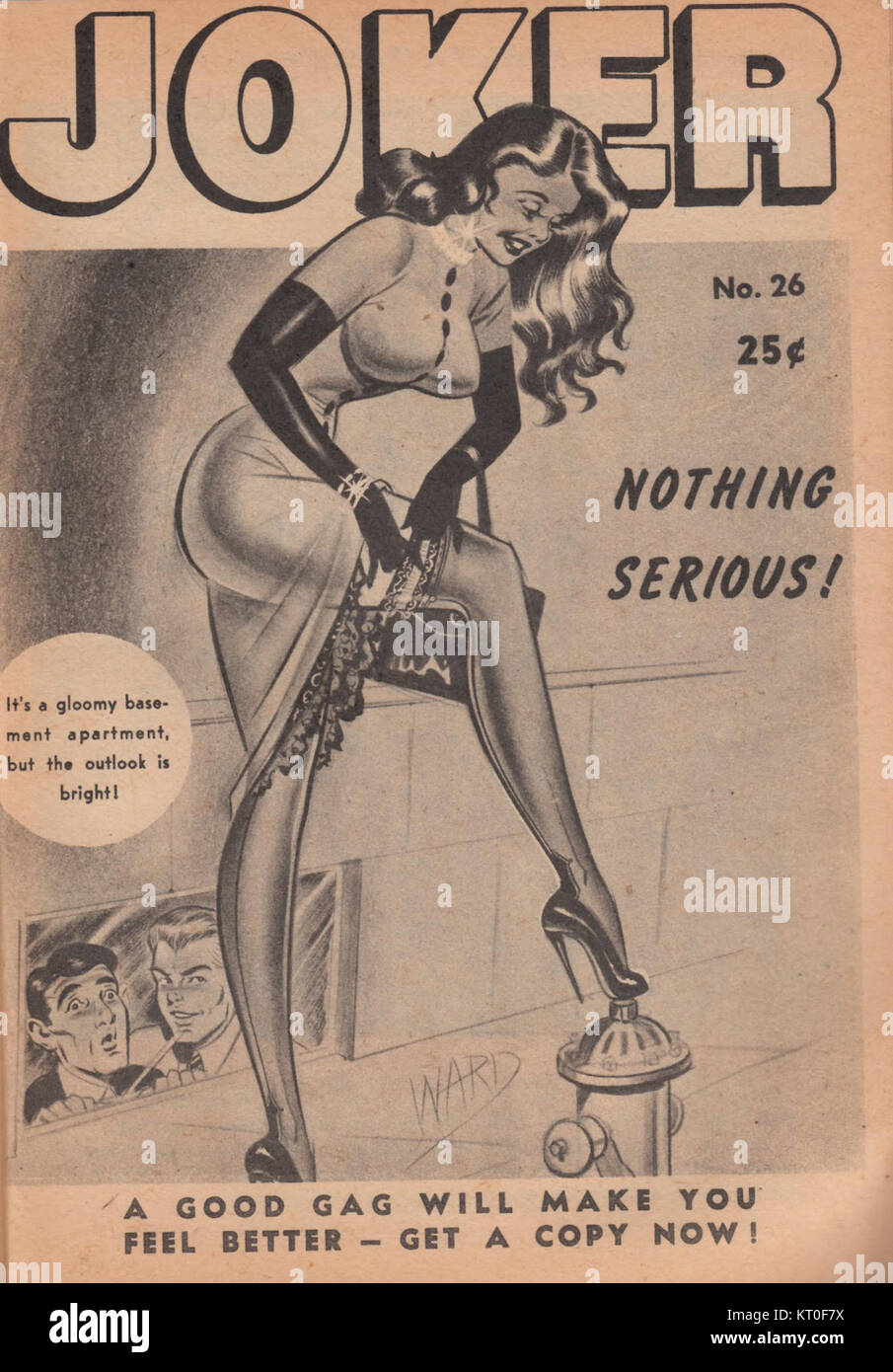 Bill Wards Illustration, die in der Ausgabe 1952 des Joker Magazins erschien, zeigt einen humorvollen Knebel, der die Stimmung aufhellen soll und Humor und Zeichentrickstil aus der Mitte des 20. Jahrhunderts einfängt. Stockfoto