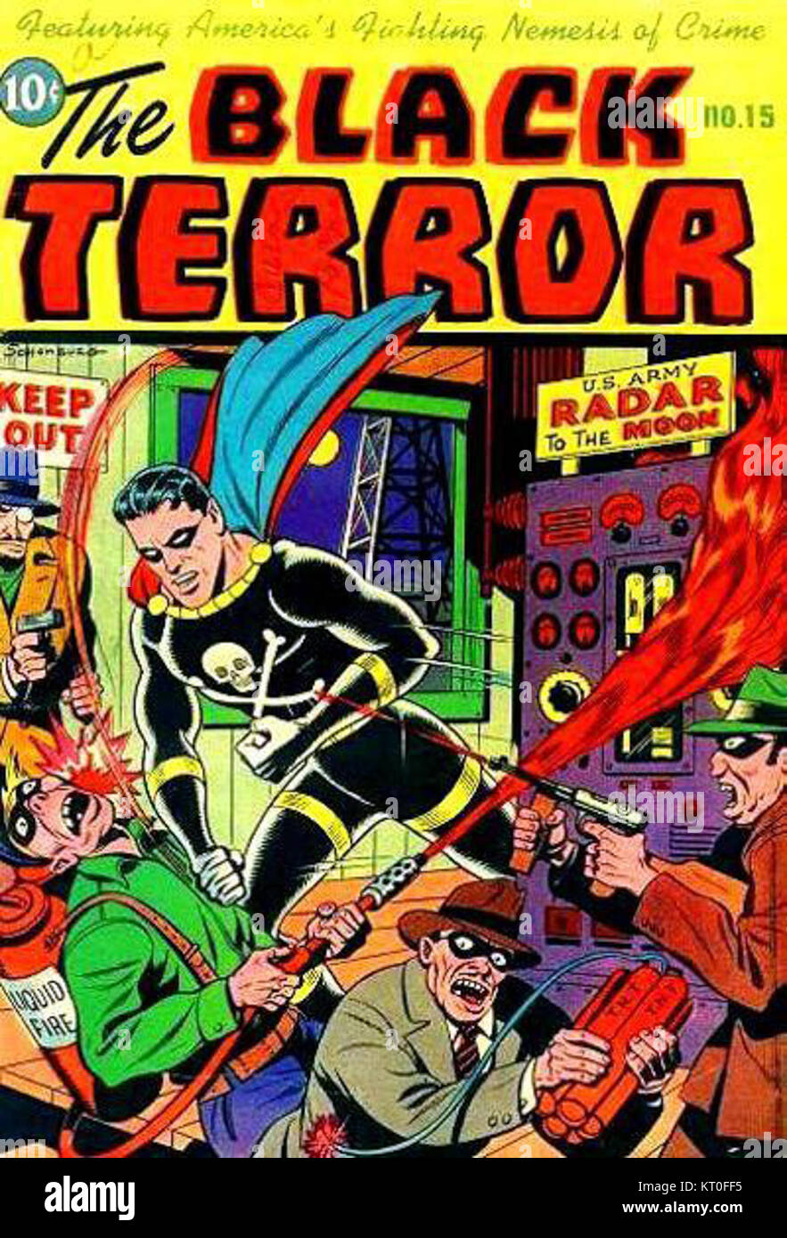 Der Black Terror, eine Superheldenfigur, war eine prominente Figur im goldenen Zeitalter der Comics. Bekannt für seine Selbstjustiz und seine dunkle Persönlichkeit, wurde er zu einem ikonischen Teil der Comic-Geschichte. Stockfoto