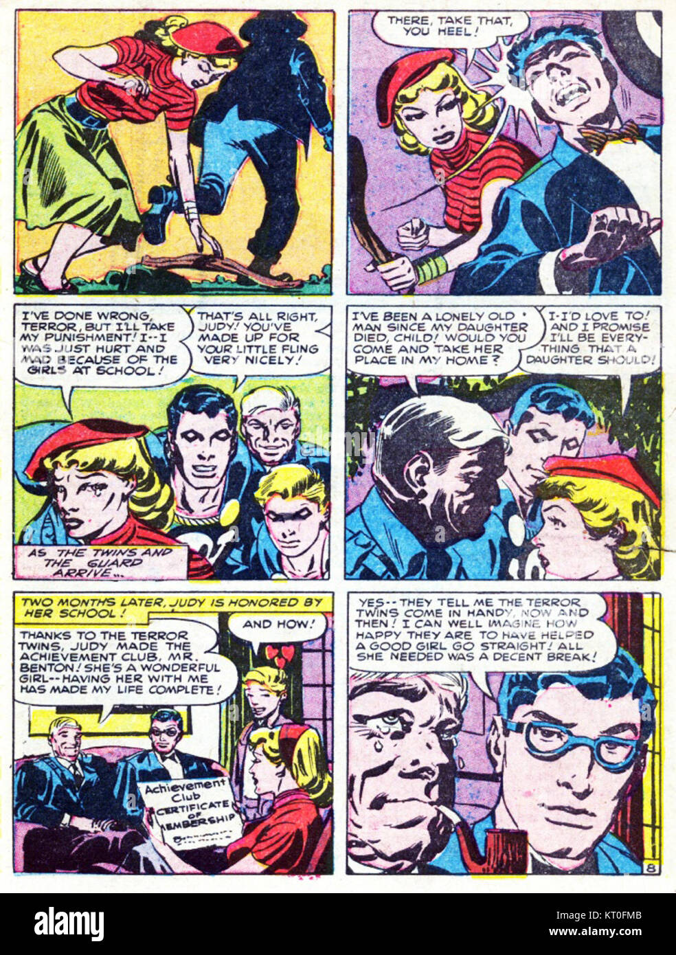 Black Terror 2519 ist eine Vintage-Comic-Figur, die in den 1940er Jahren als maskierter Vigilante eingeführt wurde. Die Figur ist Teil des Golden Age of Comic Books, bekannt für die Bekämpfung von Verbrechen und Ungerechtigkeit. Stockfoto