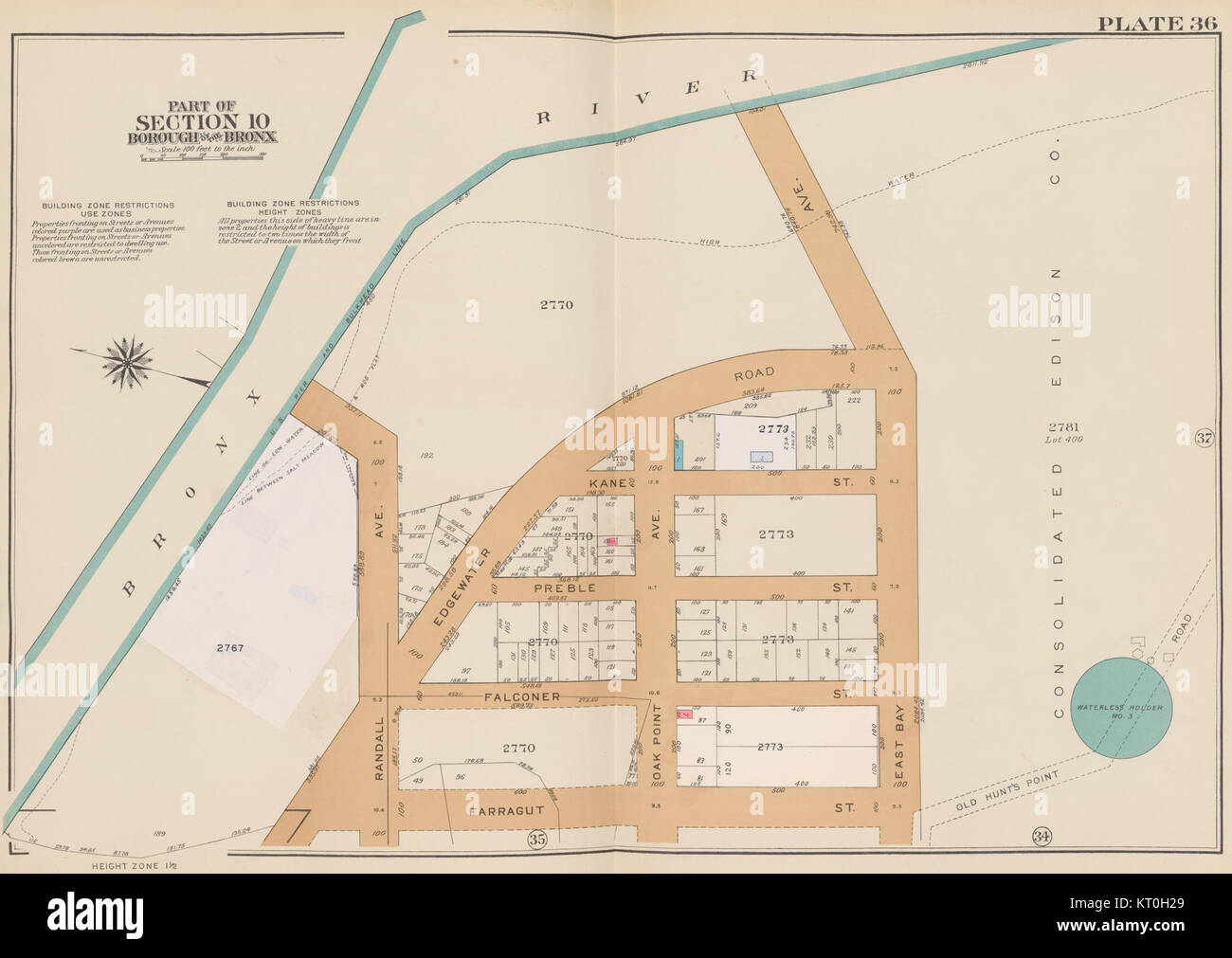 Dies ist ein Bild von Plate 36 aus der Bromley Bronx-Serie, die erstmals 1942 veröffentlicht und 1957 korrigiert wurde. Die Platte zeigt detaillierte Kartographien der Bronx-Gegend in New York City, die die Entwicklung des Viertels während dieser Zeit darstellen. Stockfoto
