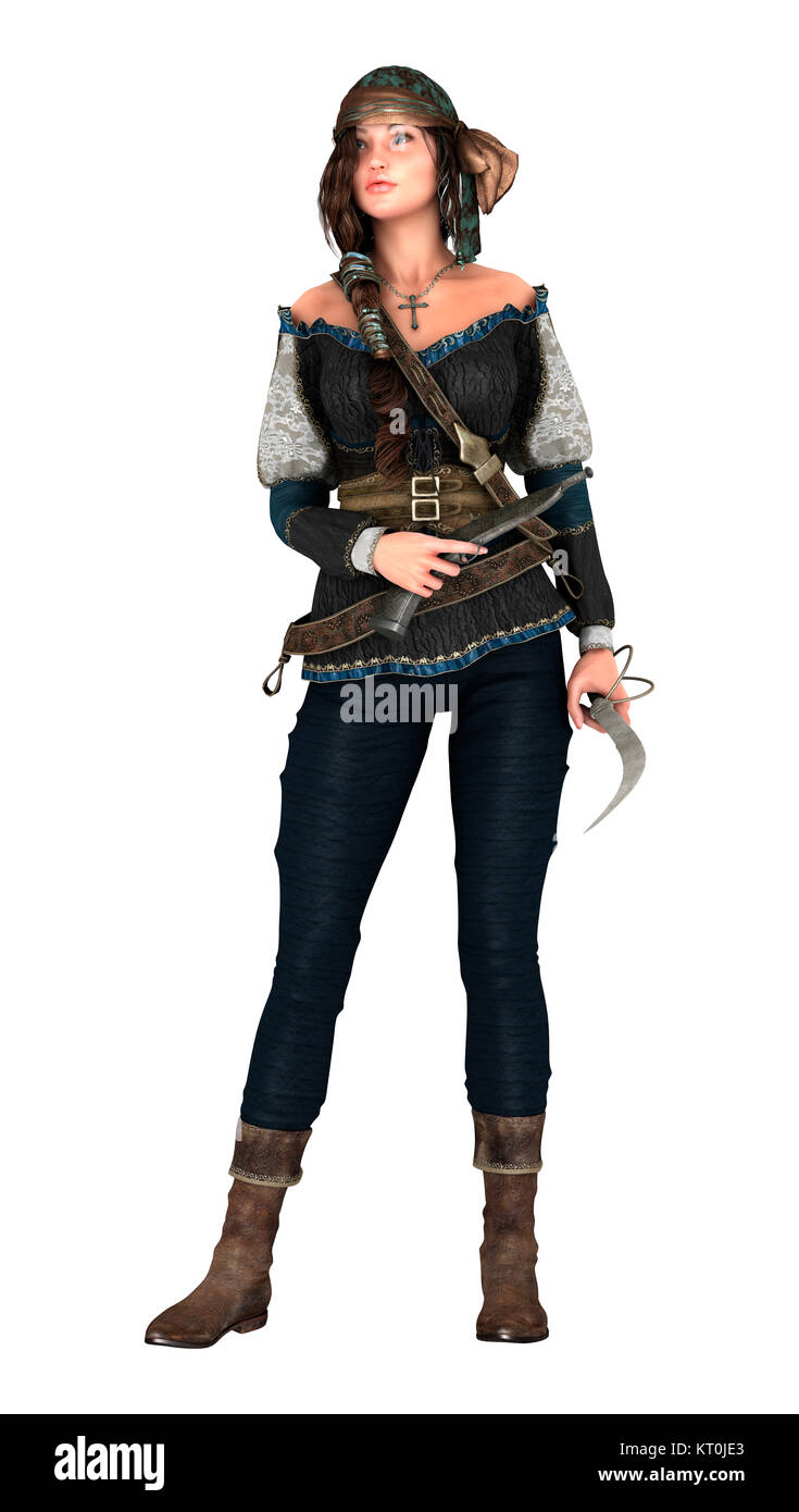 3D-Rendering Pirate Frau auf Weiß Stockfoto