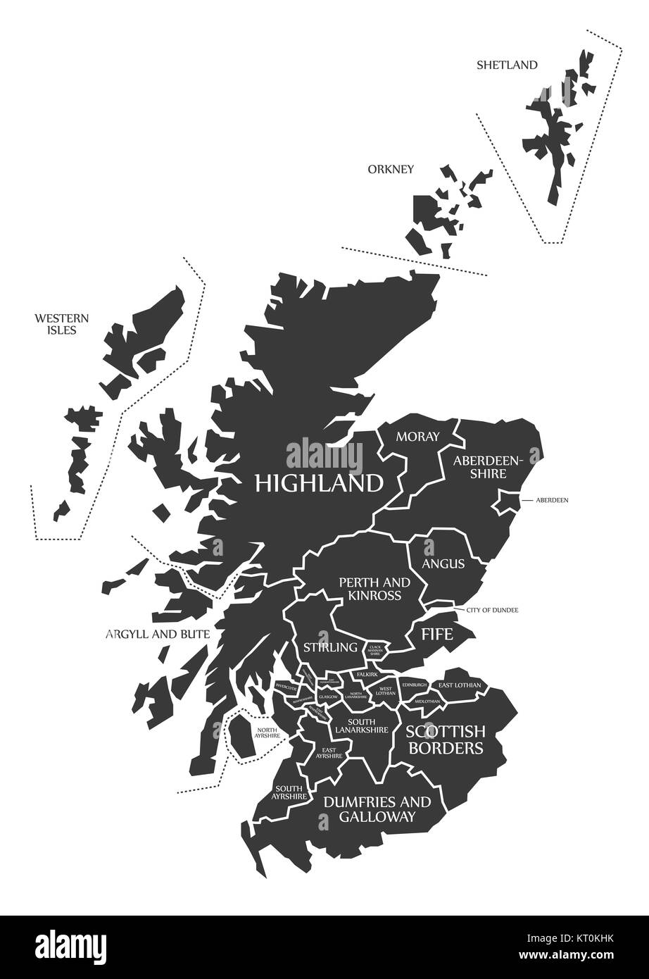 Schottland Karte beschriftet Schwarz Stockfoto