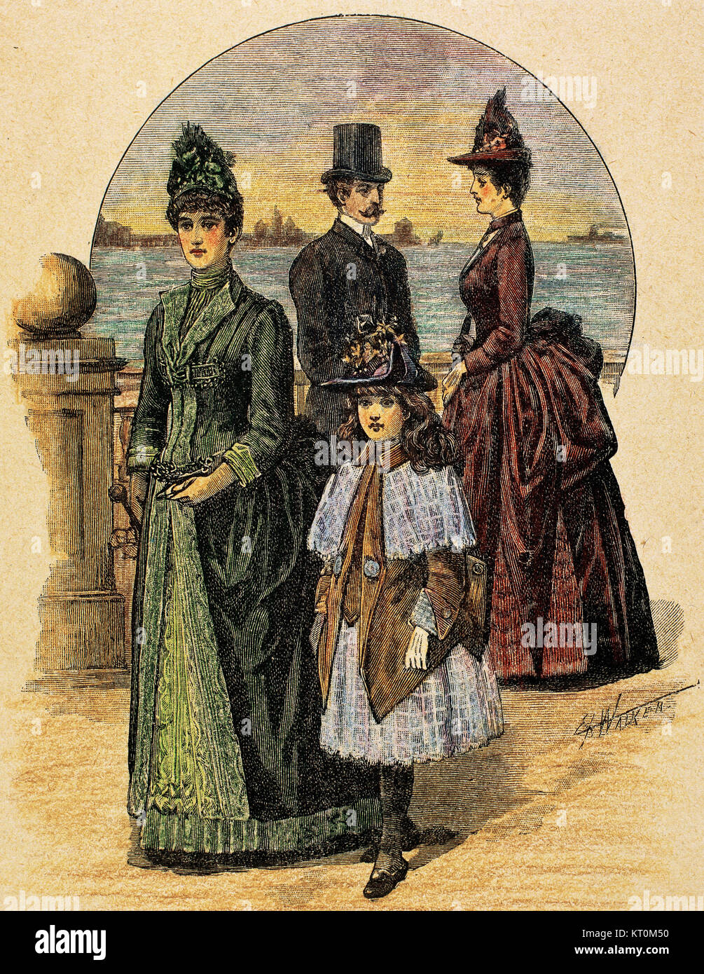 Bourgeoisie. Wandern. Kupferstich, koloriert, 1870. Stockfoto