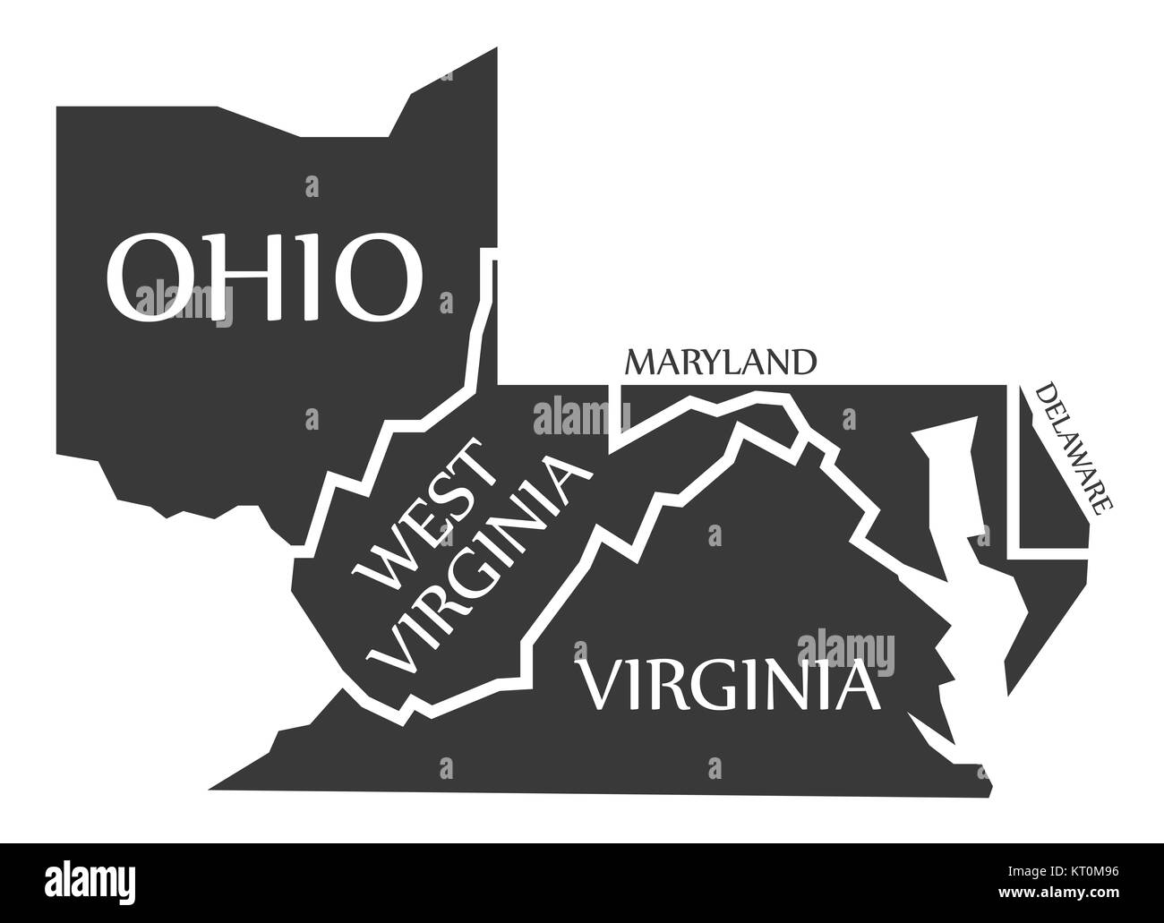 Ohio - West Virginia - Virginia, Maryland, Delaware, Karte mit der Bezeichnung schwarz Stockfoto