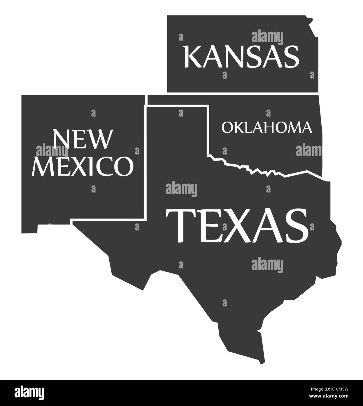 Missouri - Kansas - Oklahoma - Texas beschriftet Schwarz Stockfoto