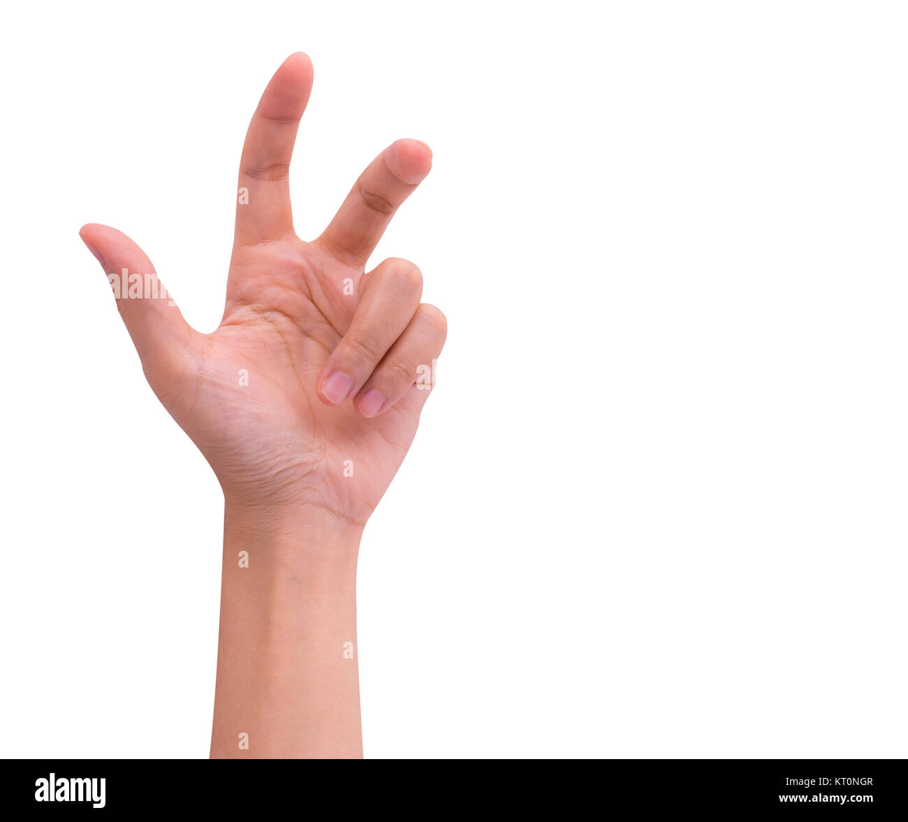 In der Nähe von asiatischer Mann hand gestikulierend auf weißem Hintergrund mit Freistellungspfad isoliert Stockfoto