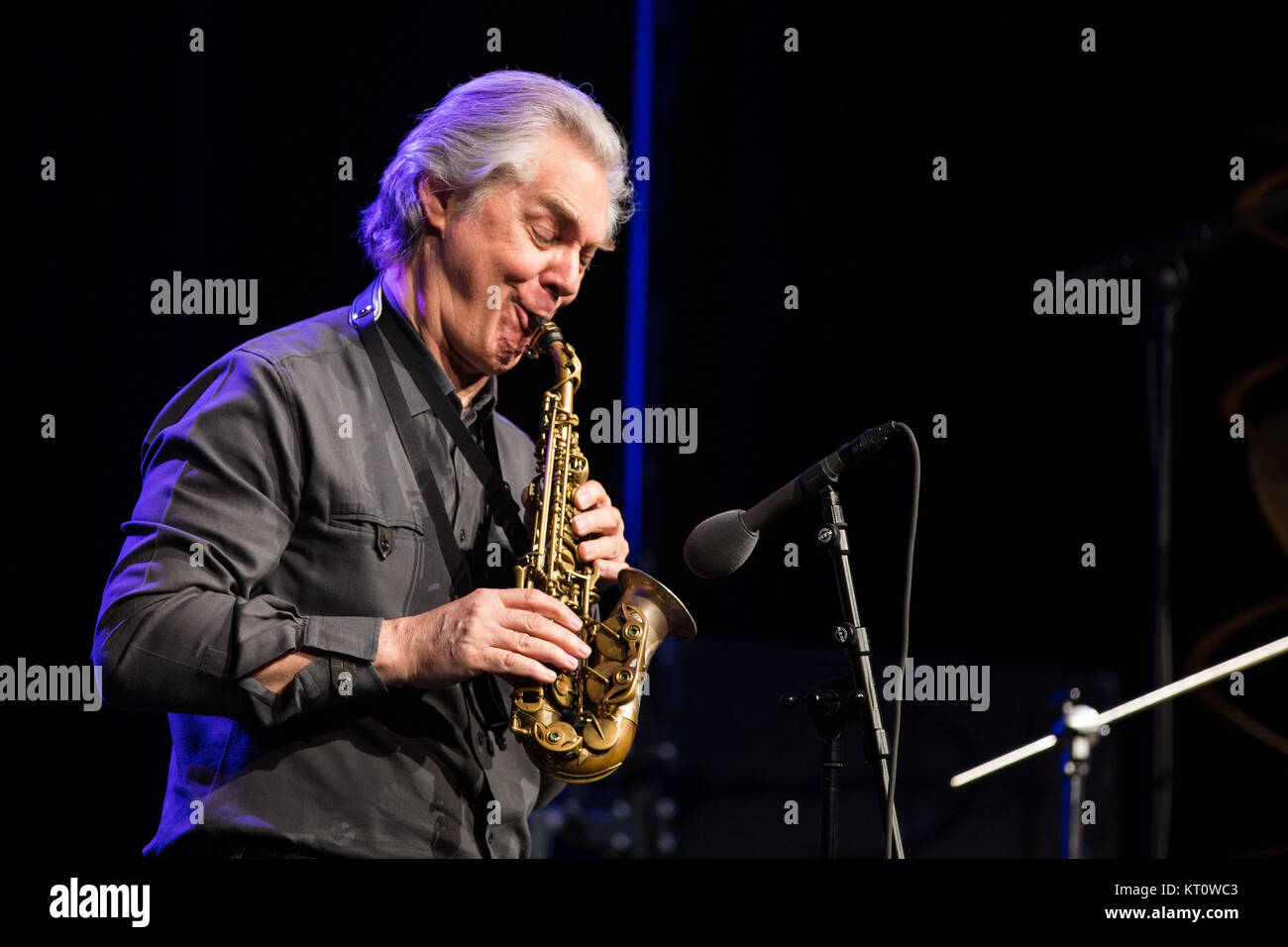 Der norwegische Komponist und Saxophonist Jan Garbarek führt ein Live Konzert in Den Norske Oper & Ballett in Oslo Jazzfestival 2016. Norwegen, 15.08 2016. Stockfoto