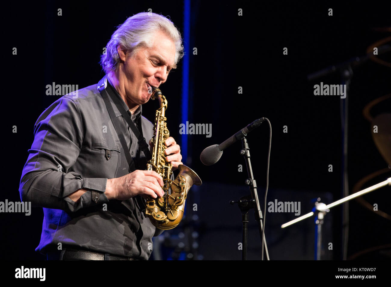 Der norwegische Komponist und Saxophonist Jan Garbarek führt ein Live Konzert in Den Norske Oper & Ballett in Oslo Jazzfestival 2016. Norwegen, 15.08 2016. Stockfoto