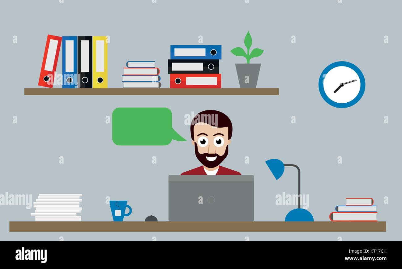 Vector Illustration von Office mit Uhr, Ordner und Blume auf Regal und Mann sitzt am Schreibtisch mit Laptop, Maus, Kaffee und Lampe Stock Vektor