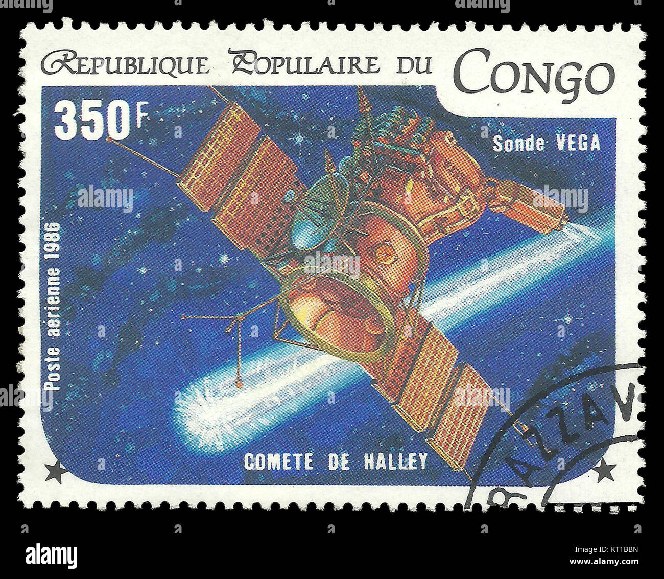 Kongo - ca. 1986: zum Kometen Halley gewidmet Stempel, zeigt Sonde Vega Stockfoto