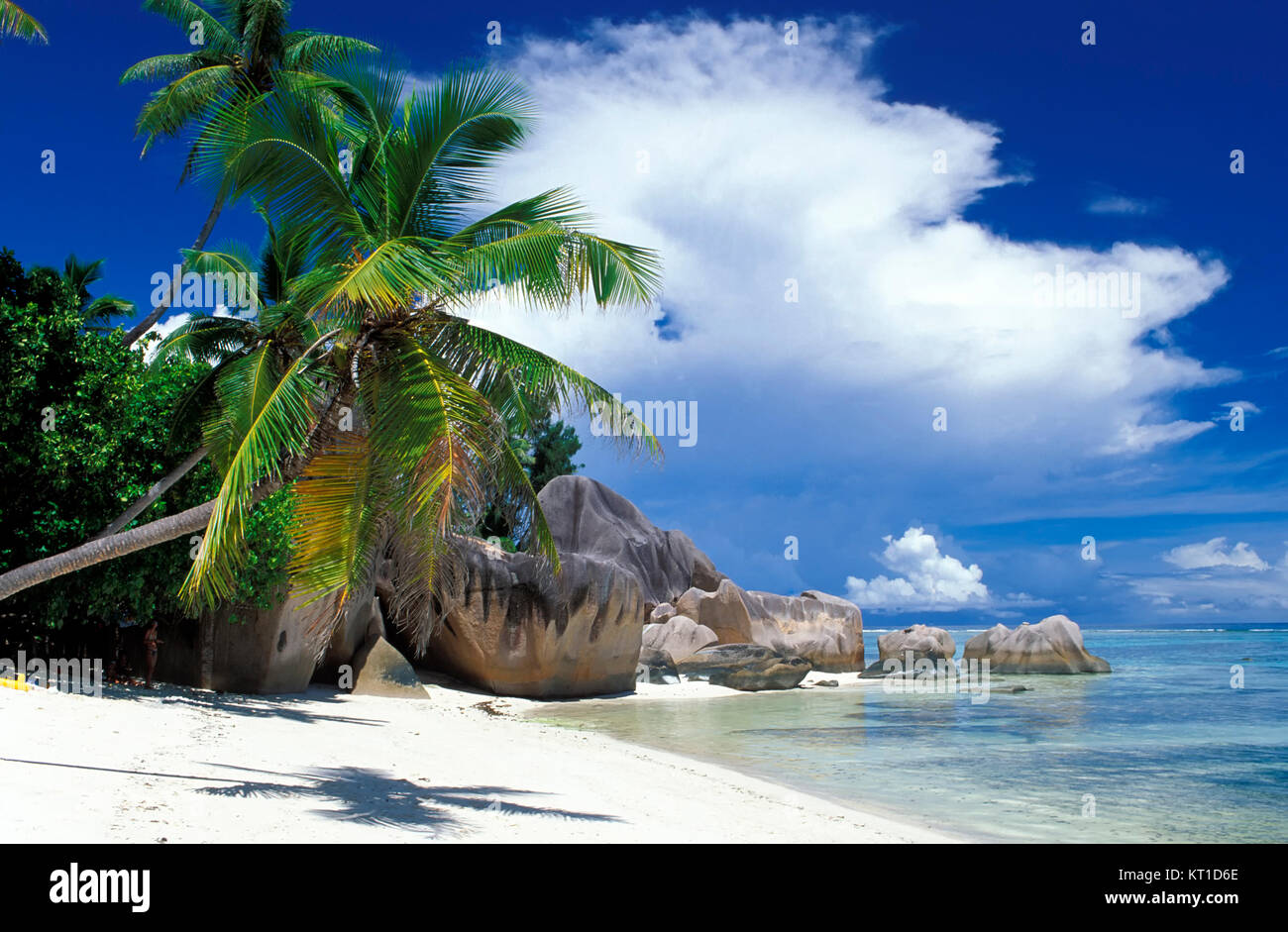 Felsen am Strand Anse Source D'Argent, La Digue Island, Seychellen Stockfoto