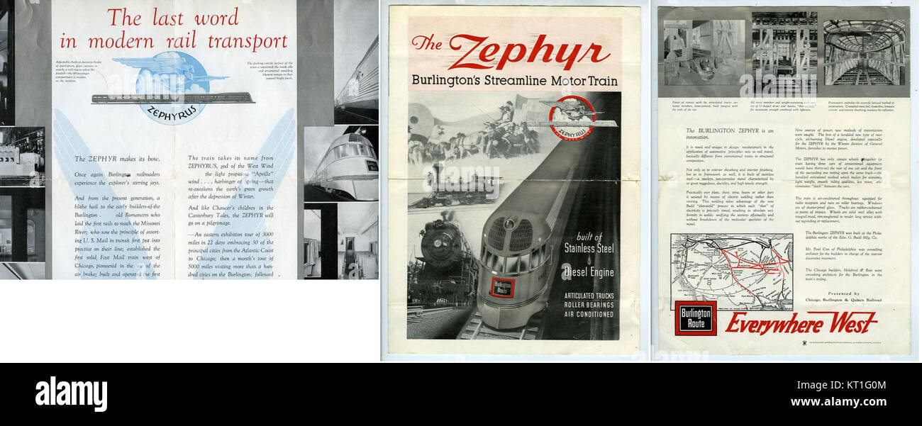 Werbebroschüre für den 1934 Pioneer Zephyr, einen bahnbrechenden dieselbetriebenen Personenzug, der den amerikanischen Schienenverkehr mit seiner Geschwindigkeit und seinem modernen Design revolutionierte. Stockfoto