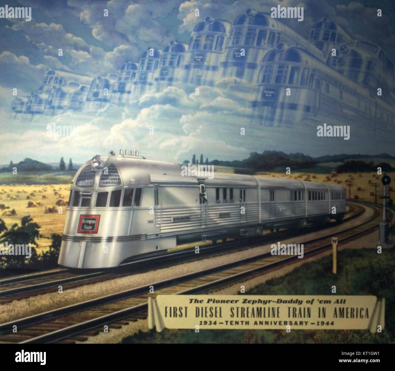 Der Pioneer Zephyr 1944 feiert den Jahrestag seines bahnbrechenden Beitrags zum amerikanischen Eisenbahnverkehr und zeigt sein elegantes Design und seine historische Rolle im Hochgeschwindigkeitsverkehr. Stockfoto