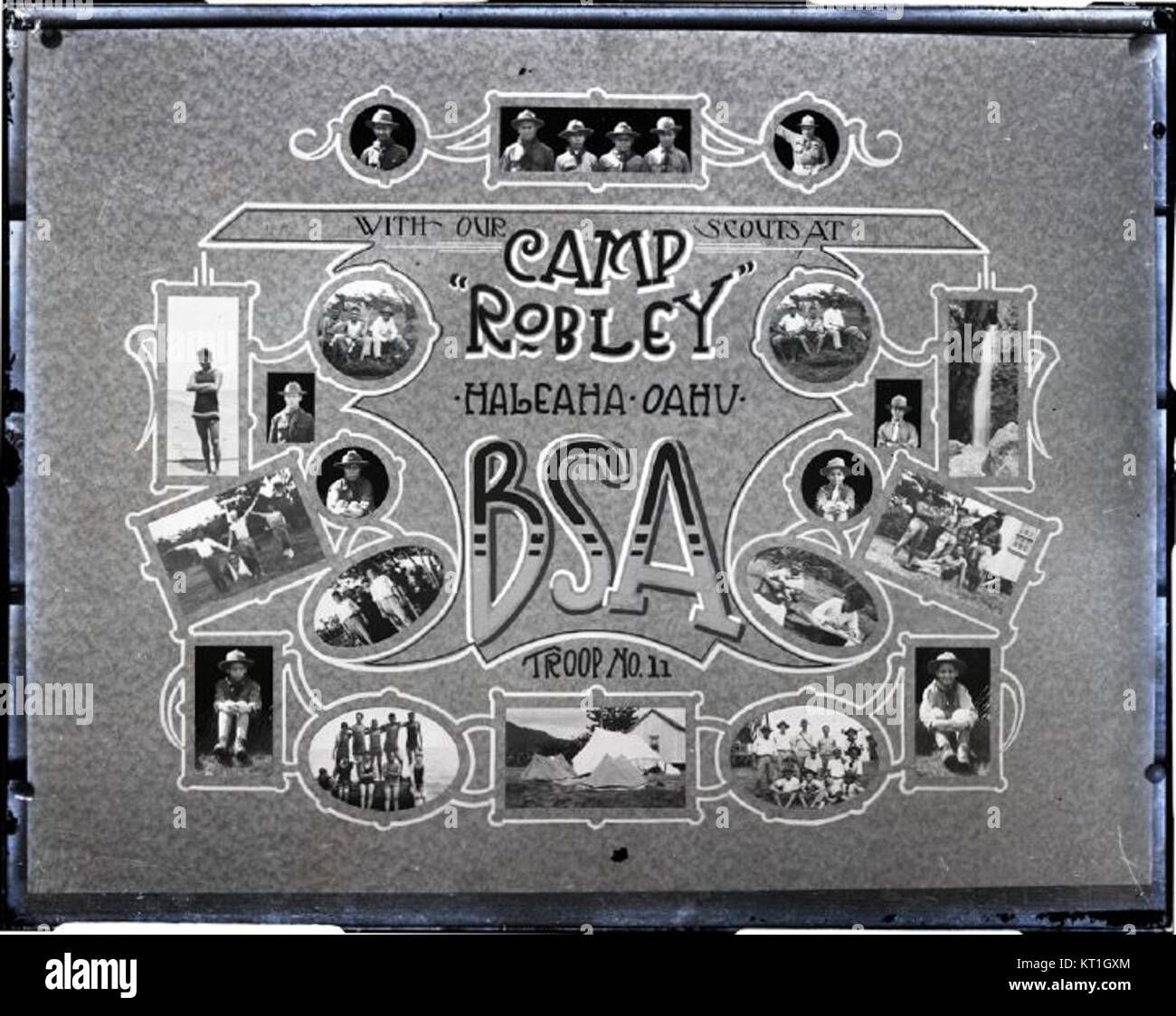 Dieses Foto ist Teil der Brother Bertram Collection, die die Boy Scouts of America (BSA)-Truppe Nr. 11 vom Saint Louis College in Oahu im Camp Robely Haleaha zeigt. Stockfoto