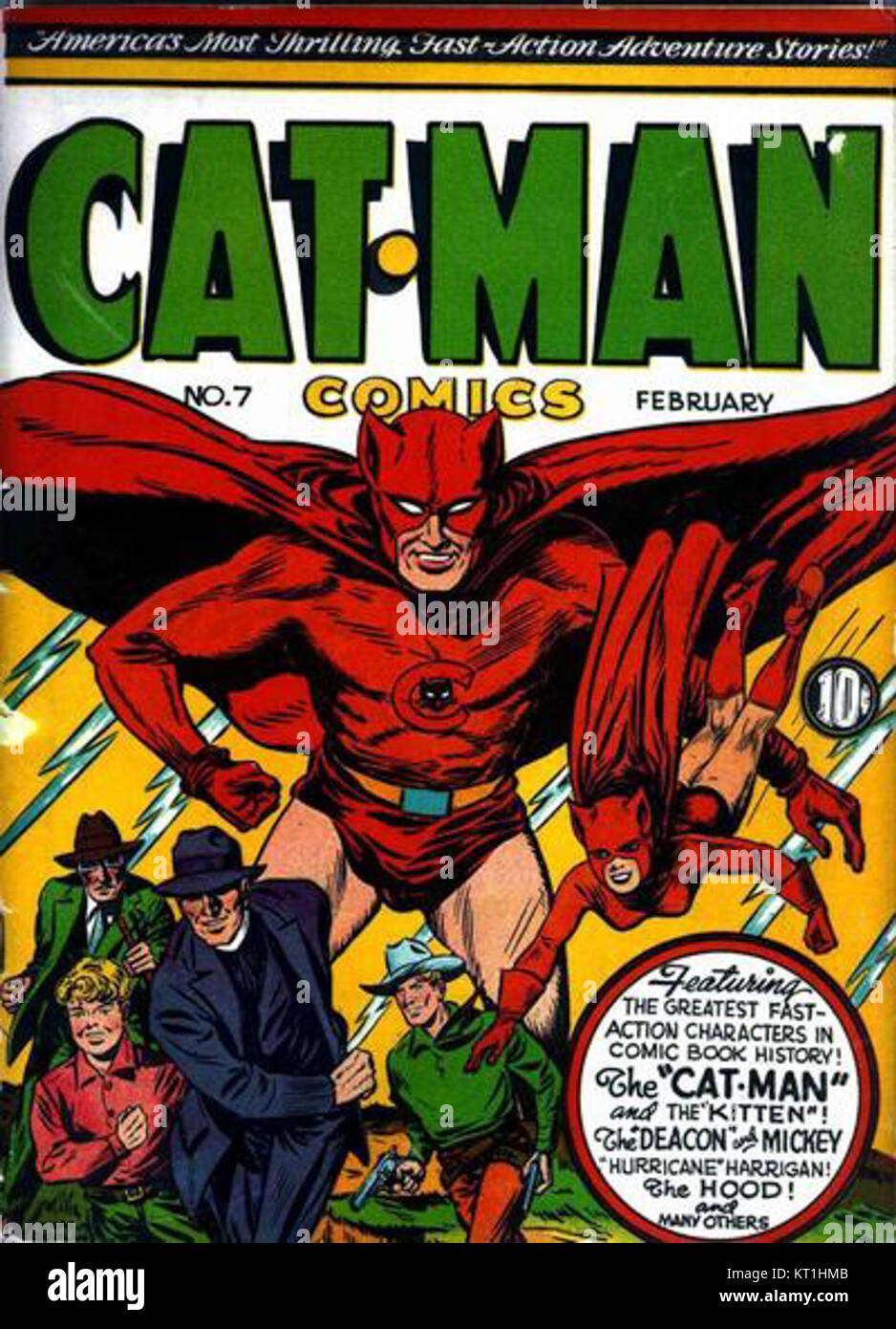 Cat-man ist ein fiktiver Superheld aus dem Goldenen Zeitalter der Comic-Bücher, der in den 1940er Jahren eingeführt wurde Er ist bekannt für seine Fähigkeit, mit Katzen zu kommunizieren und seine Fähigkeiten im Kampf gegen Verbrechen. Die Figur wurde in den 1940er Jahren in verschiedenen Comicserien vorgestellt, die frühe Superhelden-Archetypen hervorhoben. Stockfoto