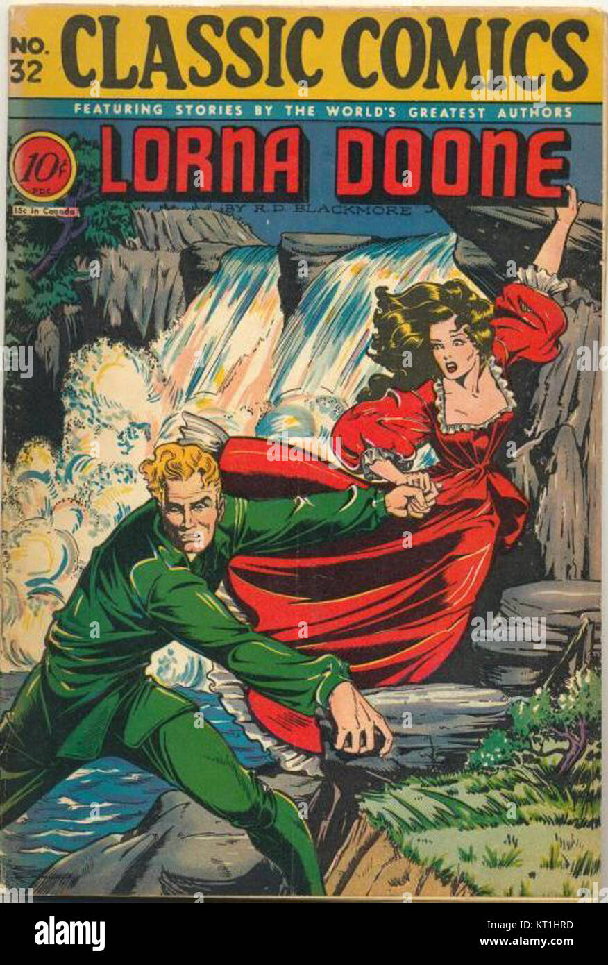 Eine Publikation von *Lorna Doone*, einem Roman von R.D. Blackmore, in dem die 32. Ausgabe des romantischen Romans präsentiert wird. Im England des 17. Jahrhunderts spielt es eine Geschichte von Liebe, Abenteuer und sozialen Konflikten. Stockfoto