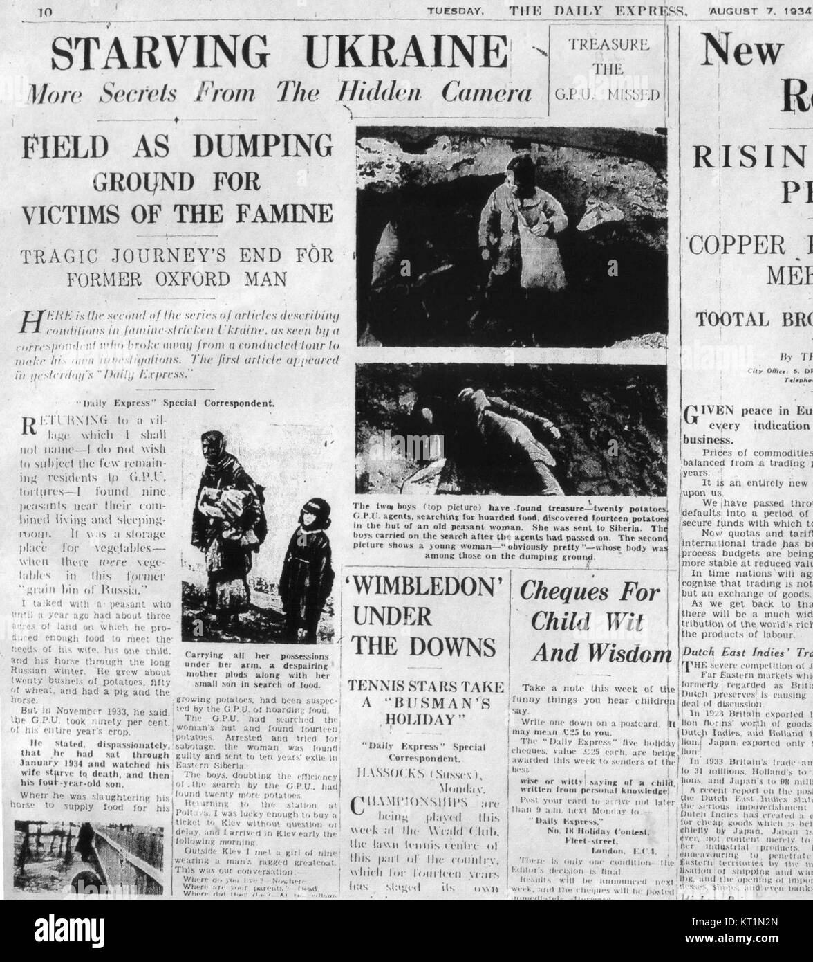 Der Daily Express berichtete am 7. August 1934 über den Holodomor, die von Menschen verursachte Hungersnot in der Sowjetunion. Die Hungersnot, die aus der sowjetischen Politik resultierte, führte zum Tod von Millionen Ukrainern und wird von vielen als Völkermord angesehen. Stockfoto