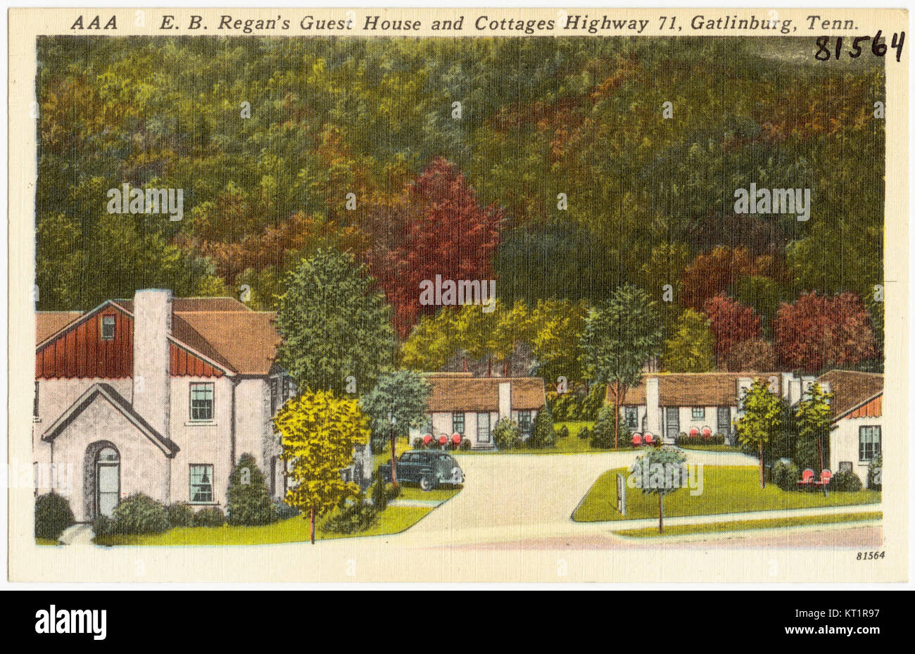 E. B. Regan's Guest House and Cottages, das sich am Highway 71 in Gatlinburg, Tennessee befindet, ist eine historische Unterkunft, die Besuchern der Gegend eine Unterkunft bietet. Bekannt für seine einladende Atmosphäre, war das Gästehaus ein Teil der frühen Tourismusgeschichte der Stadt. Stockfoto