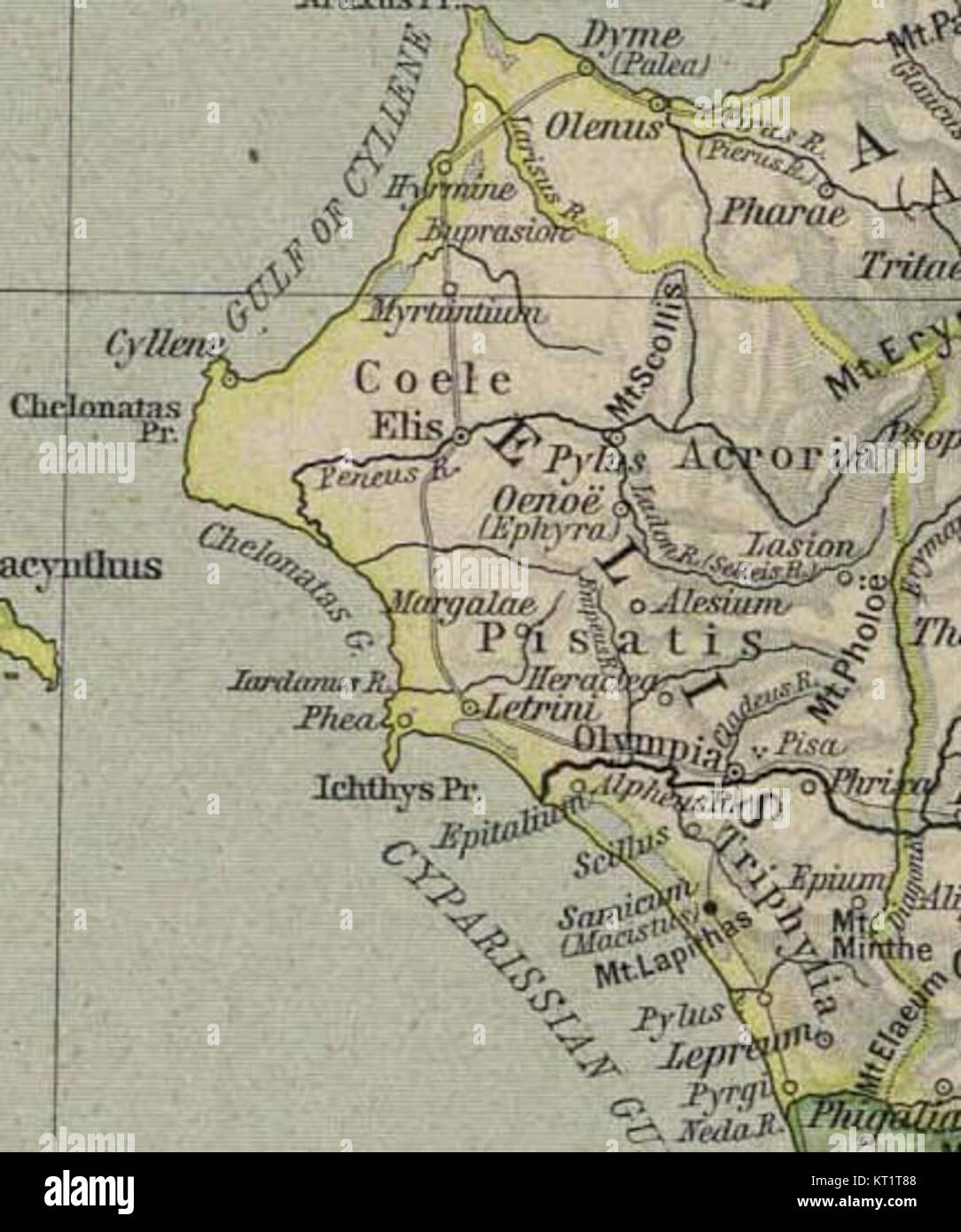 Elis ist eine antike Region in Griechenland, historisch bekannt für ihre Rolle bei den Olympischen Spielen und die griechische Geschichte. Es war ein prominentes Gebiet in der Antike, das sich im westlichen Teil des Peloponnes befand. Stockfoto